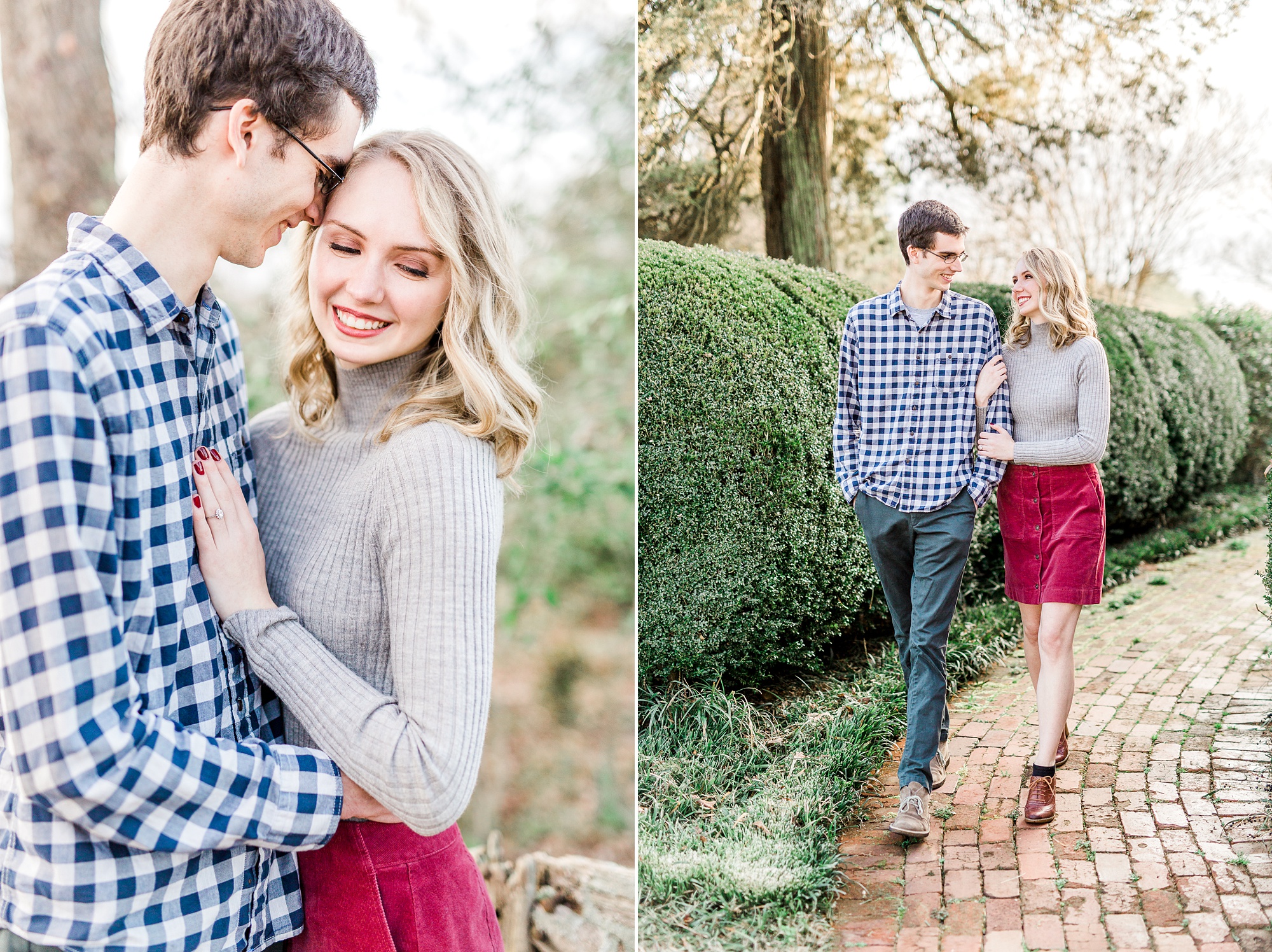 engaged couple walks down path at the 1812 Hitching Post