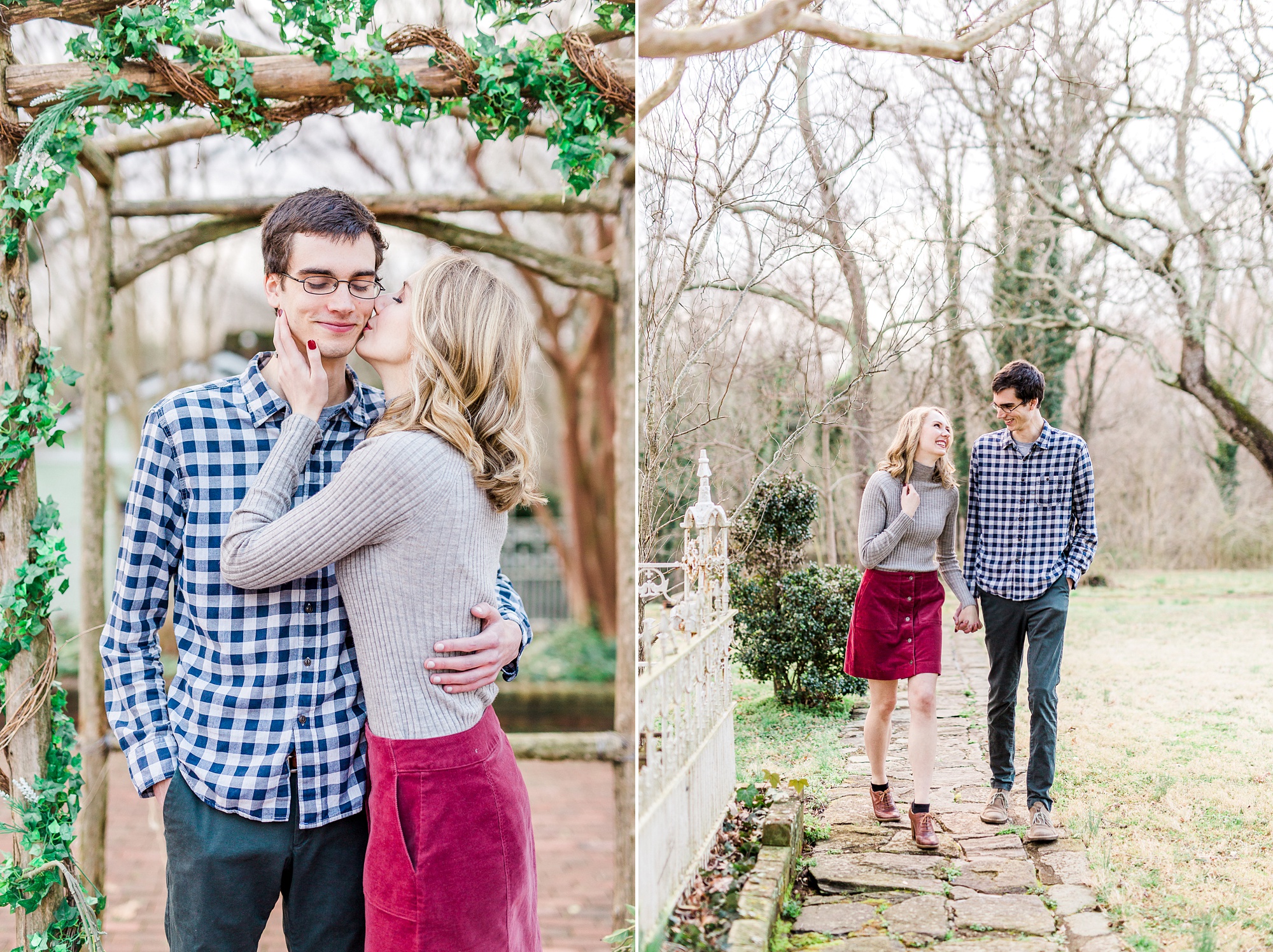 bride kisses groom's cheek during 1812 Hitching Post engagement session