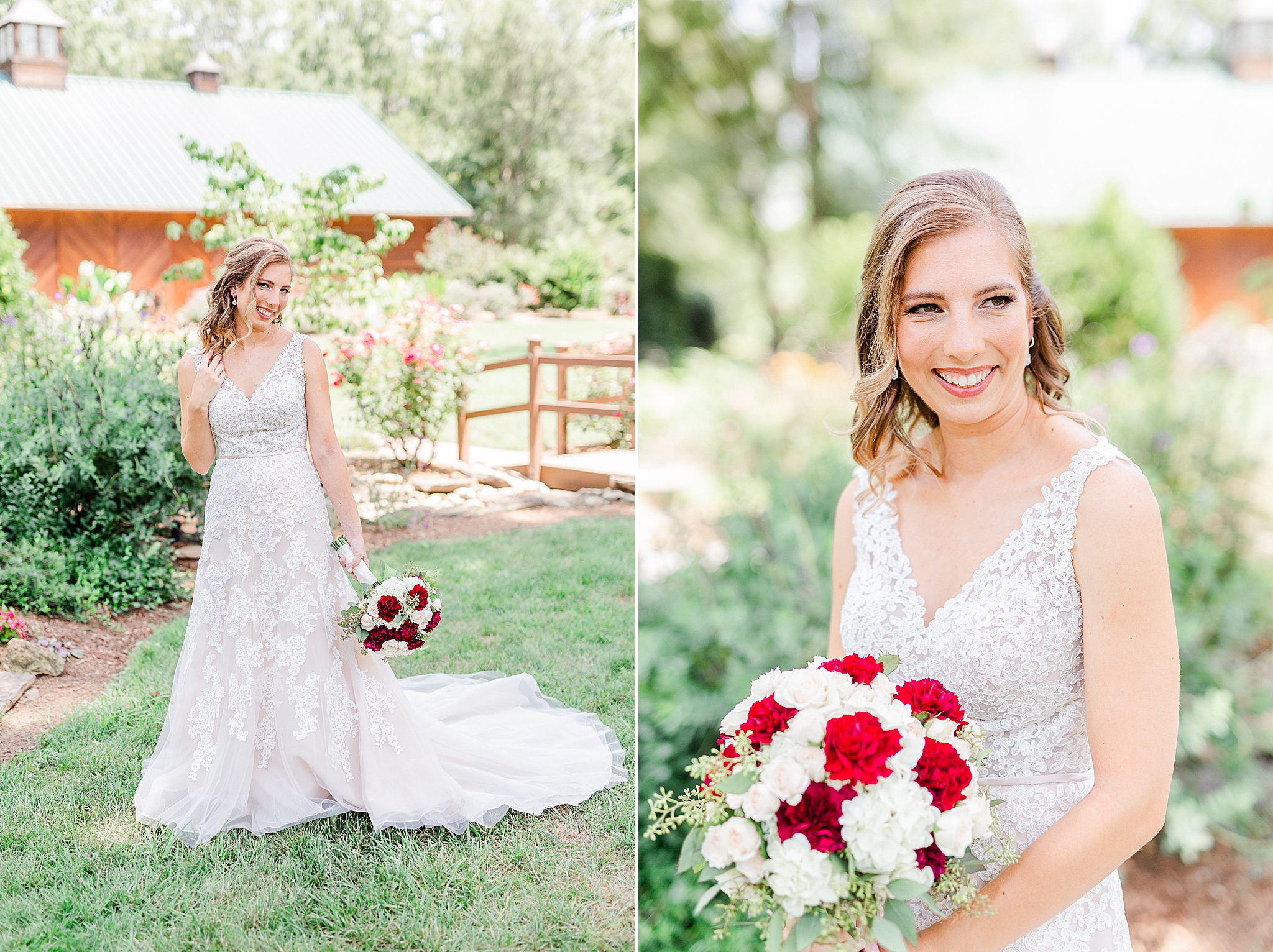 bride holds bouquet of red flowers