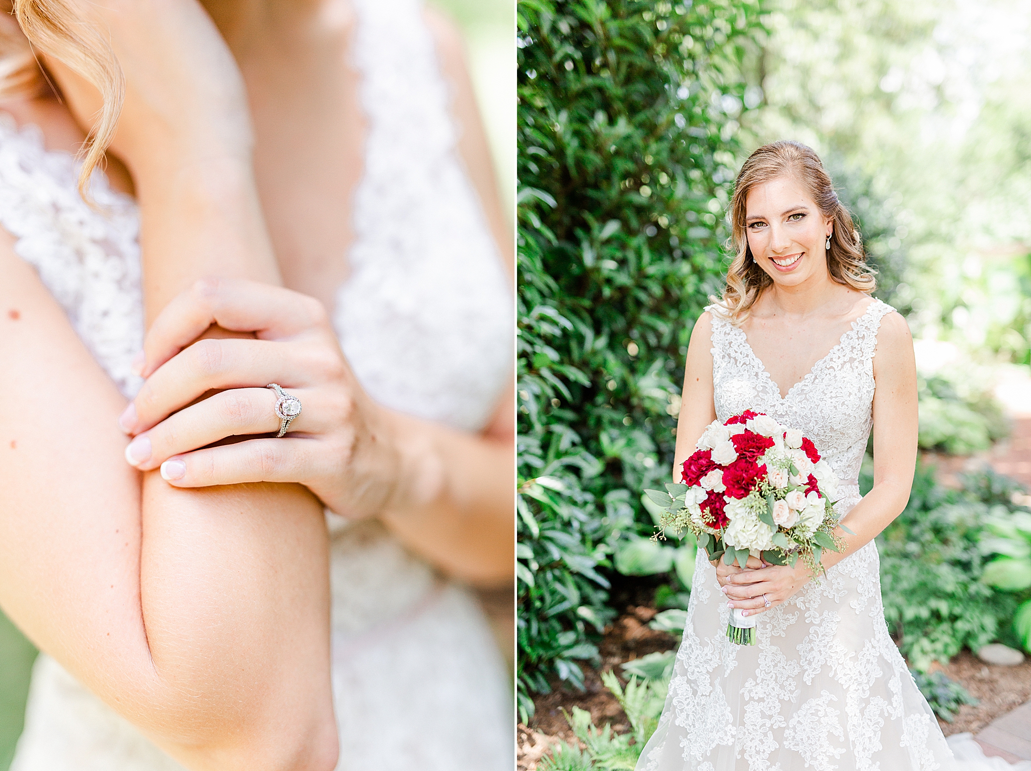 bride holds bouquet of white and red flowers