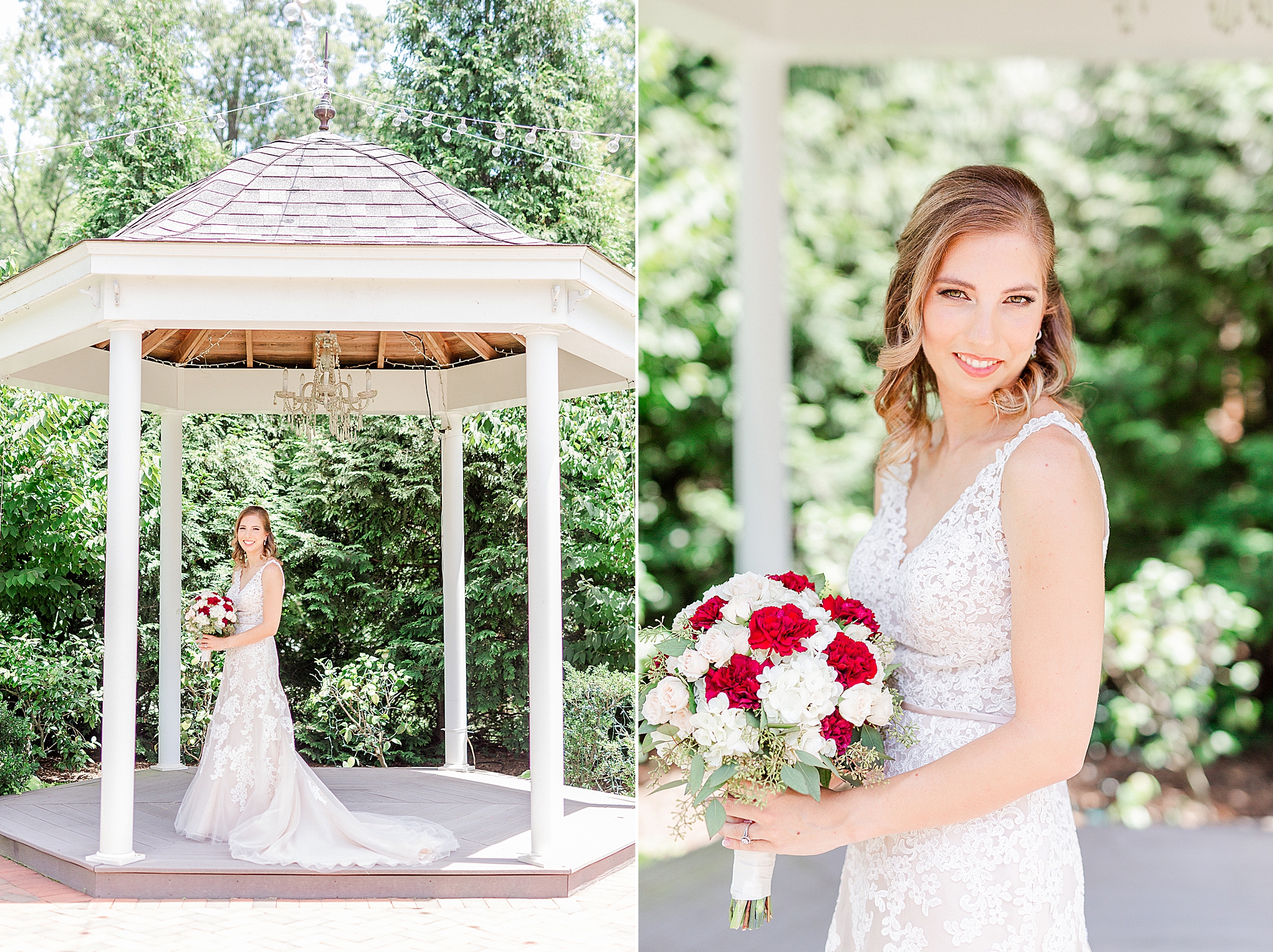 bride poses in gazebo during Alexander Homestead bridal portraits