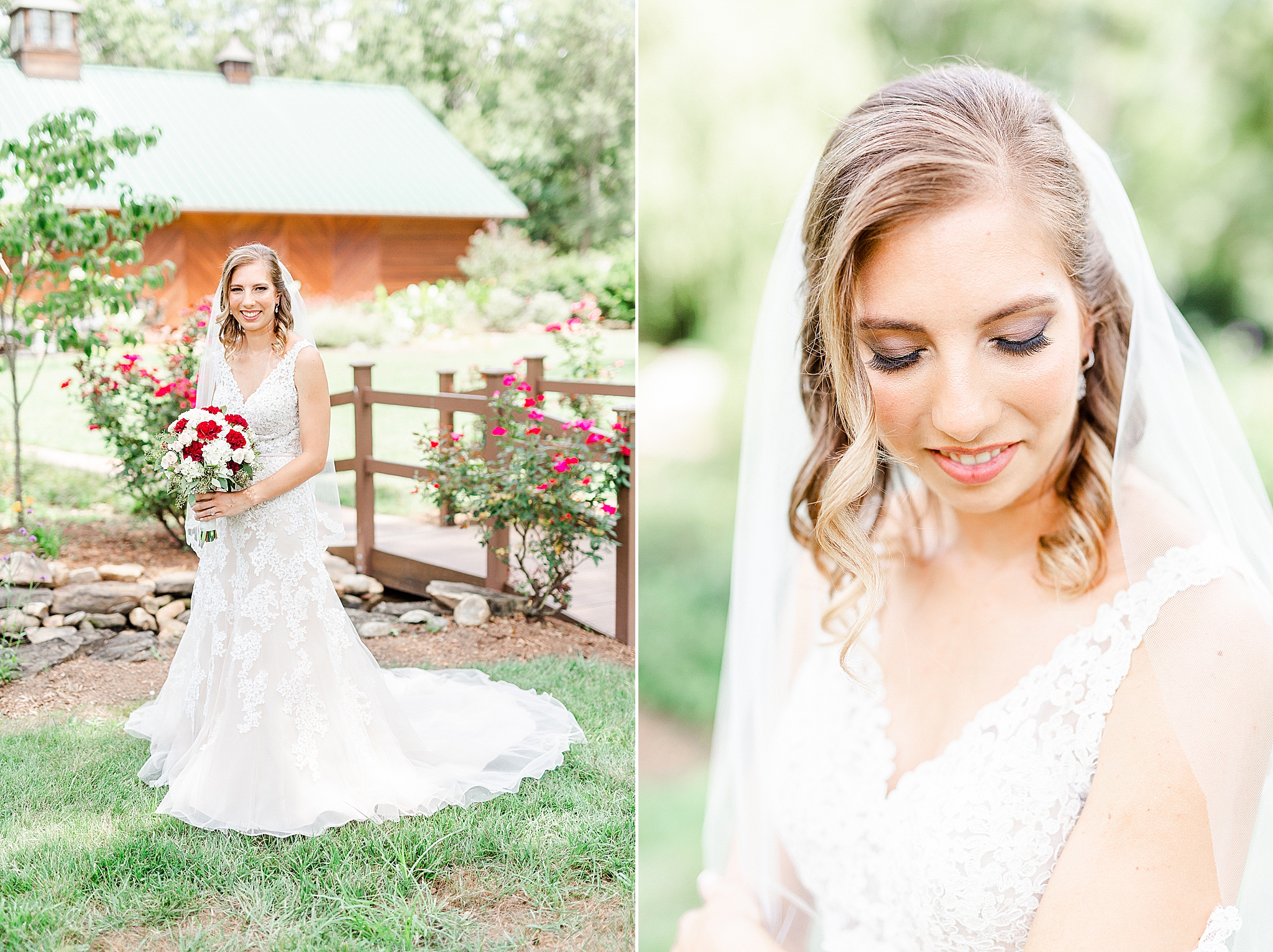 bride smiles holding bouquet on bridge