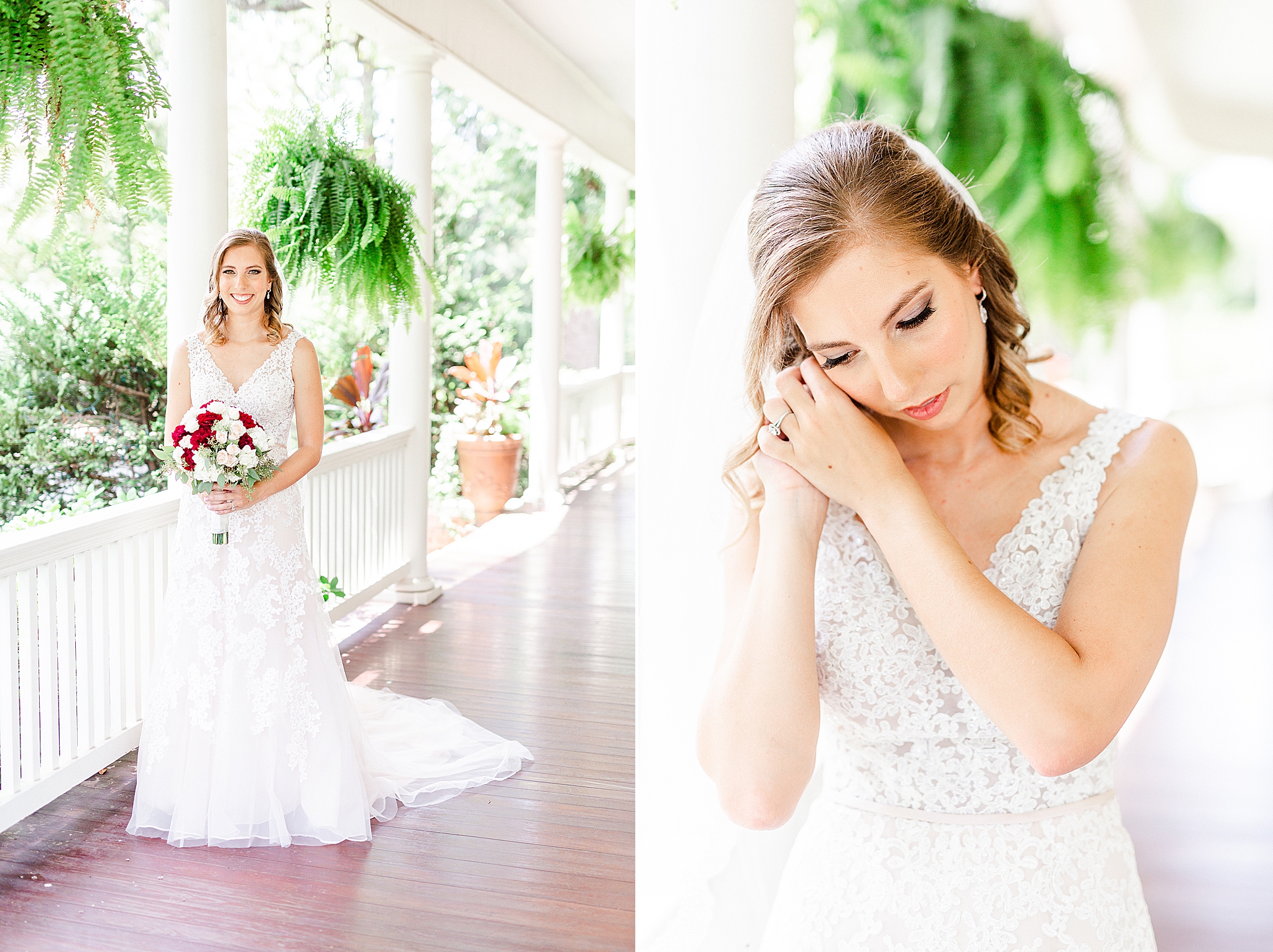 bride adjusts earrings during Alexander Homestead bridal portraits