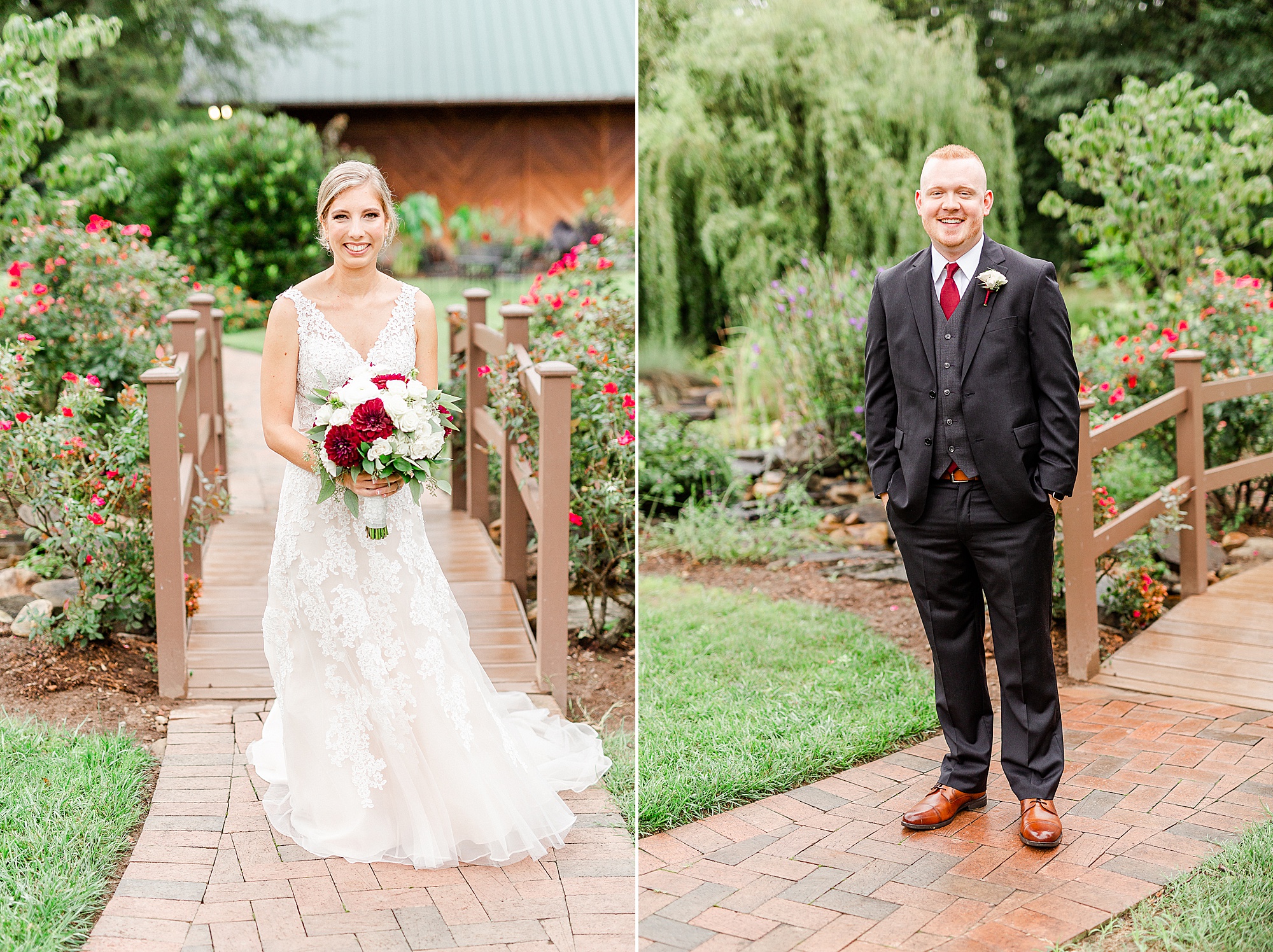 bride and groom pose by bridge at Alexander Homestead
