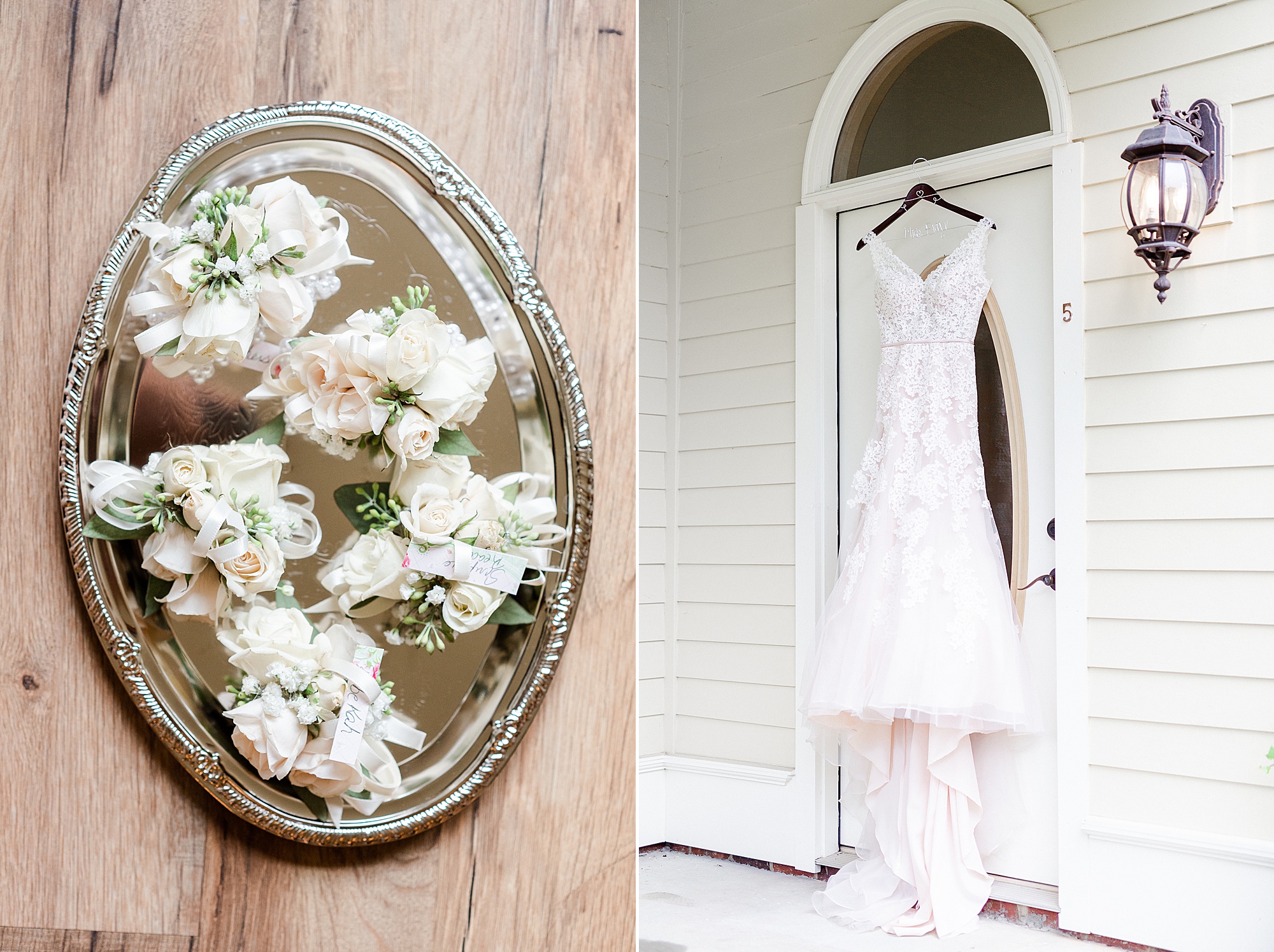 wedding dress and bride's flowers at Alexander Homestead