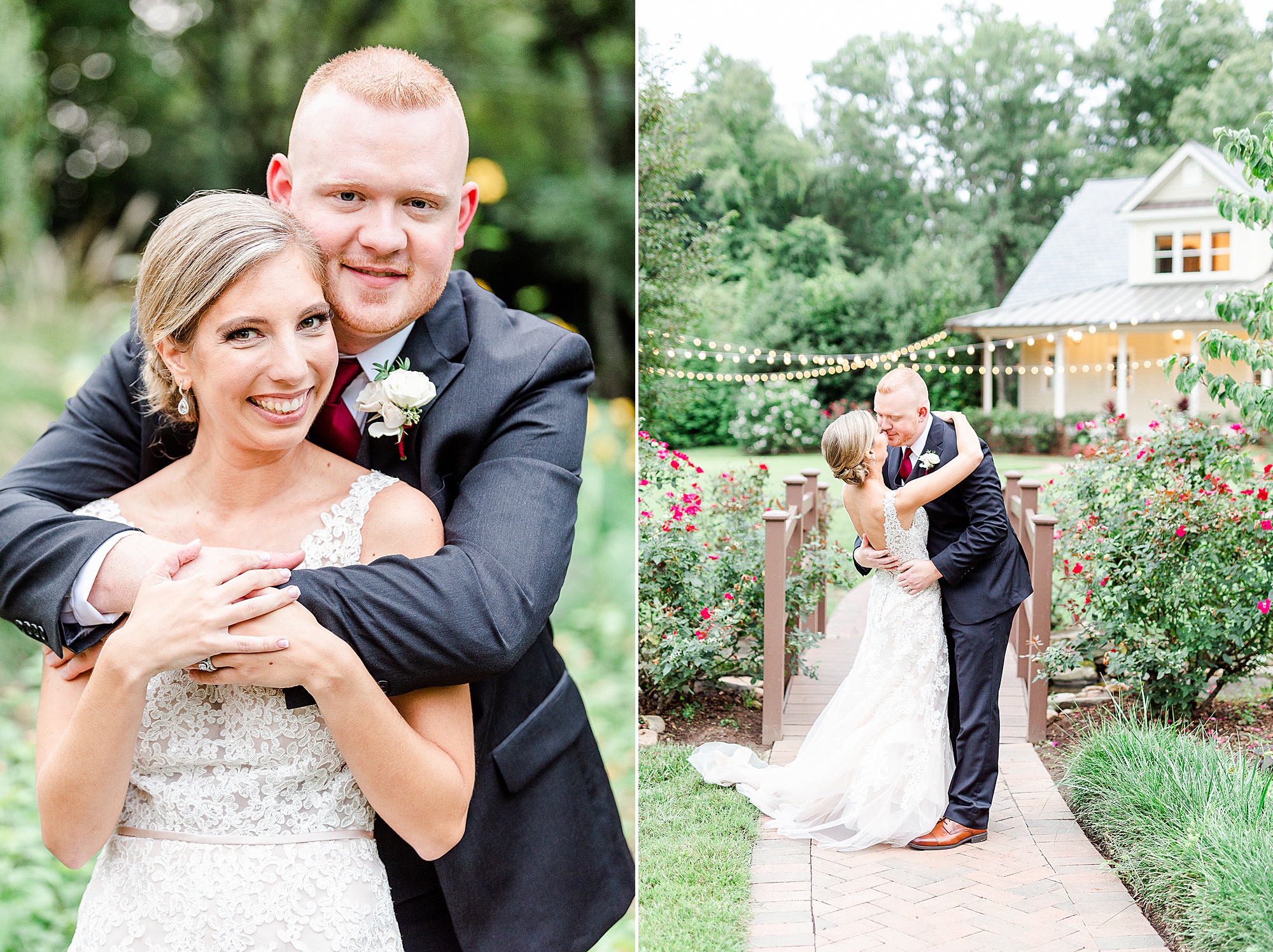 newlyweds hug in the gardens at Alexander Homestead