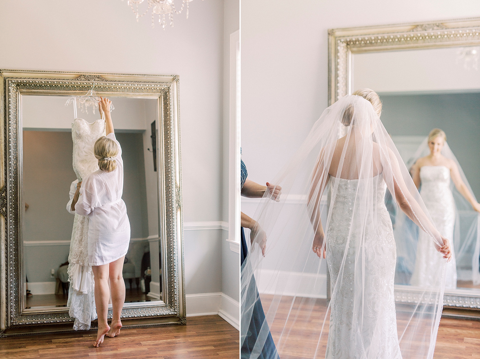 bride prepares for elegant Charlotte wedding with mother