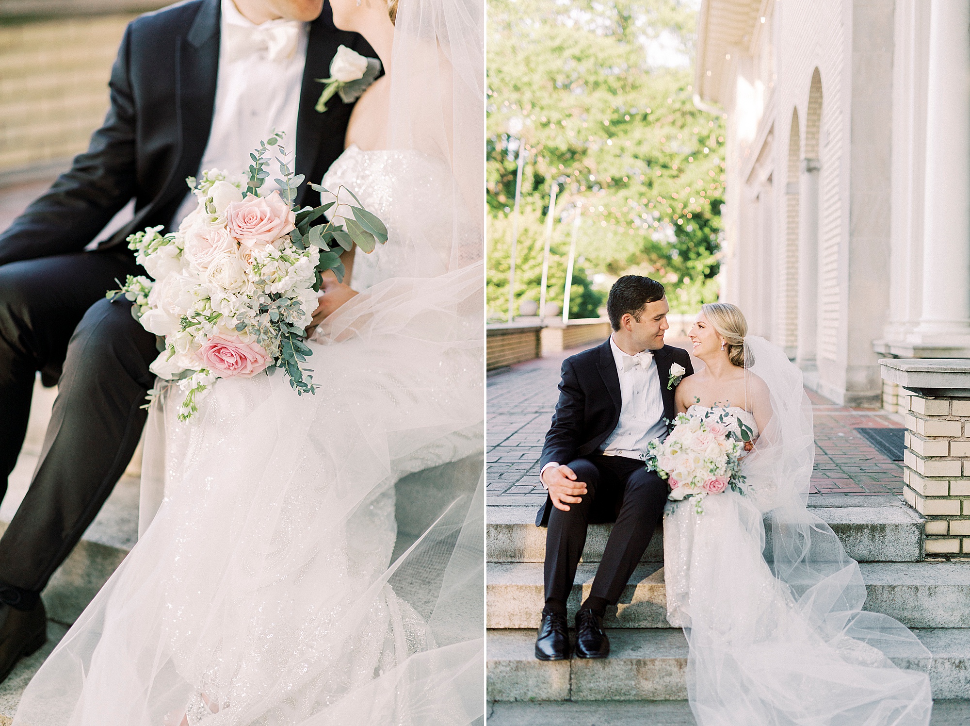 bride and groom sit on patio at Separk Mansion