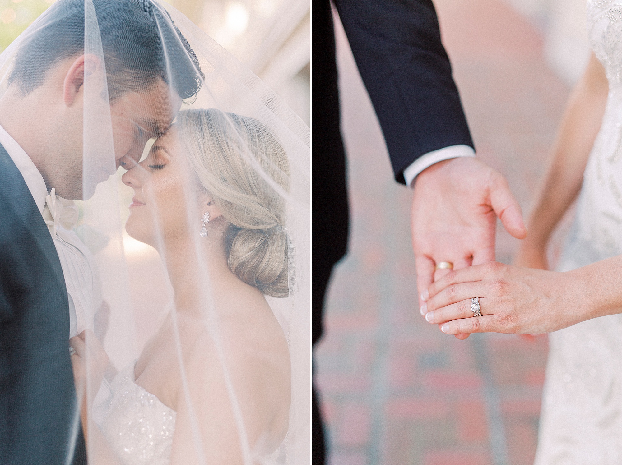 newlyweds hold hands walking along Separk Mansion