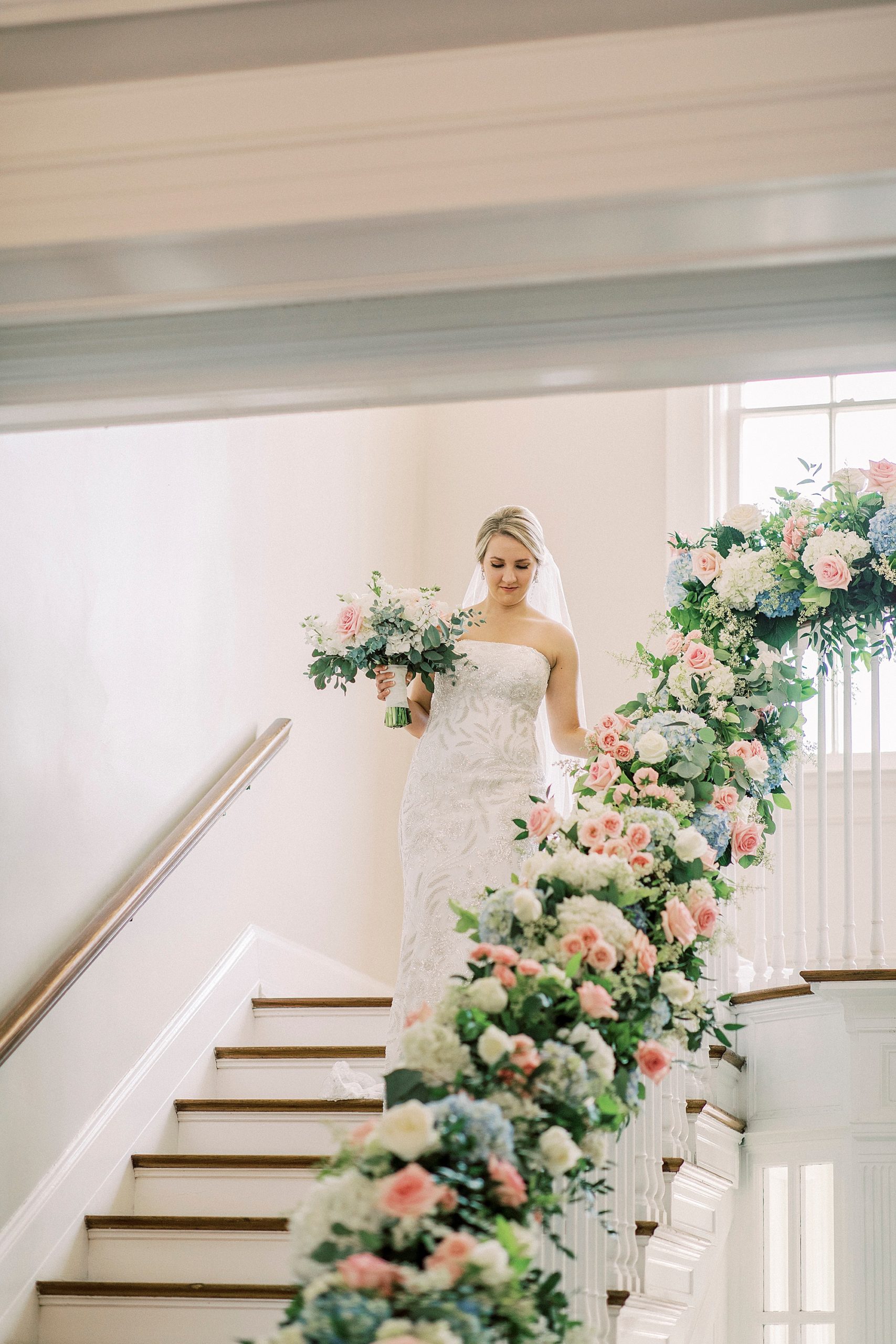 elegant Charlotte wedding portraits on staircase in Separk Mansion