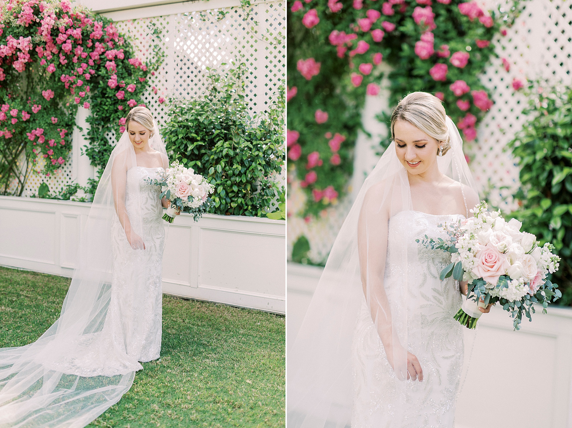 bridal portraits in Separk Mansion garden with Pastel bouquet