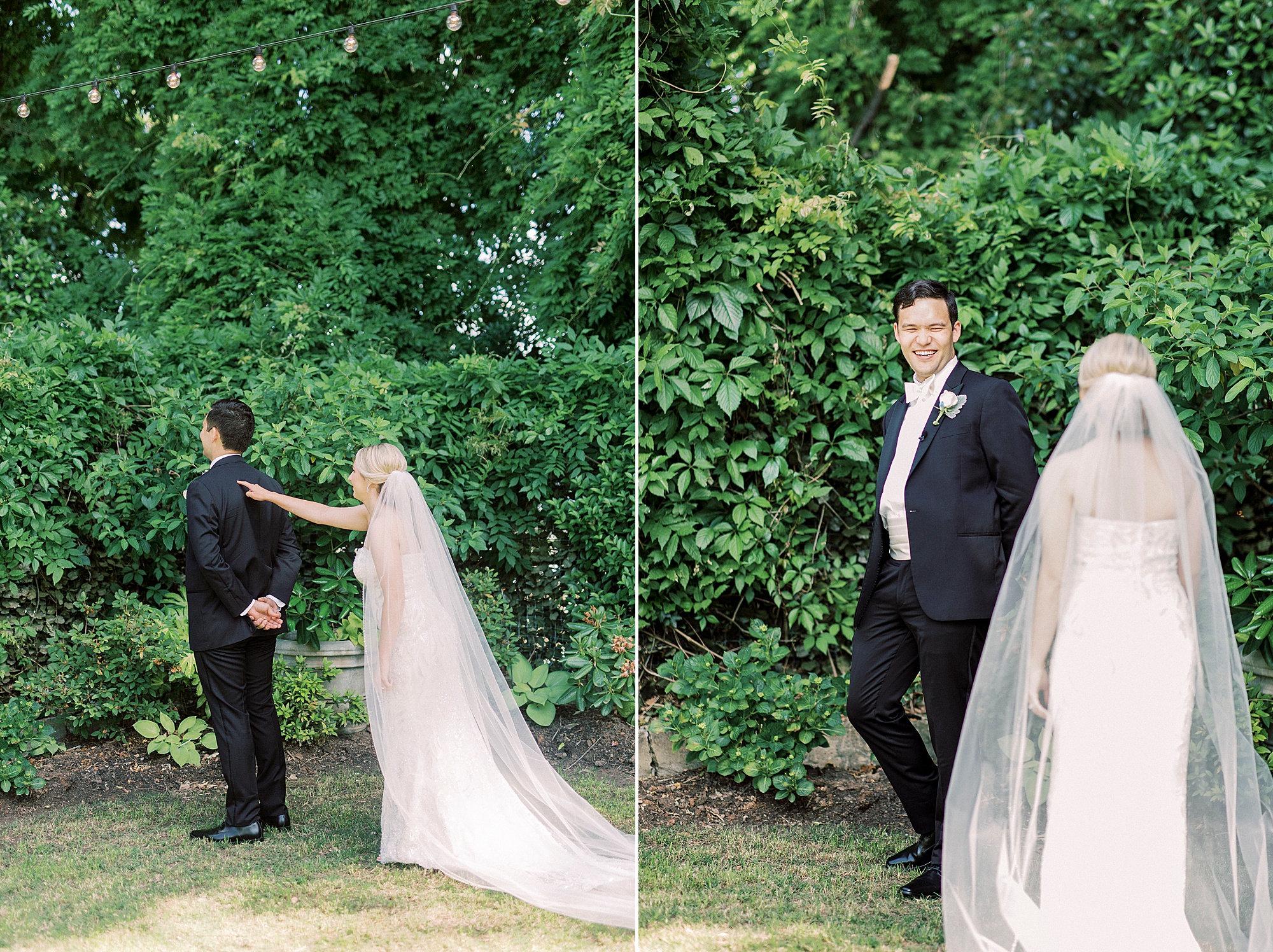 bride and groom have first look during Separk Mansion wedding day