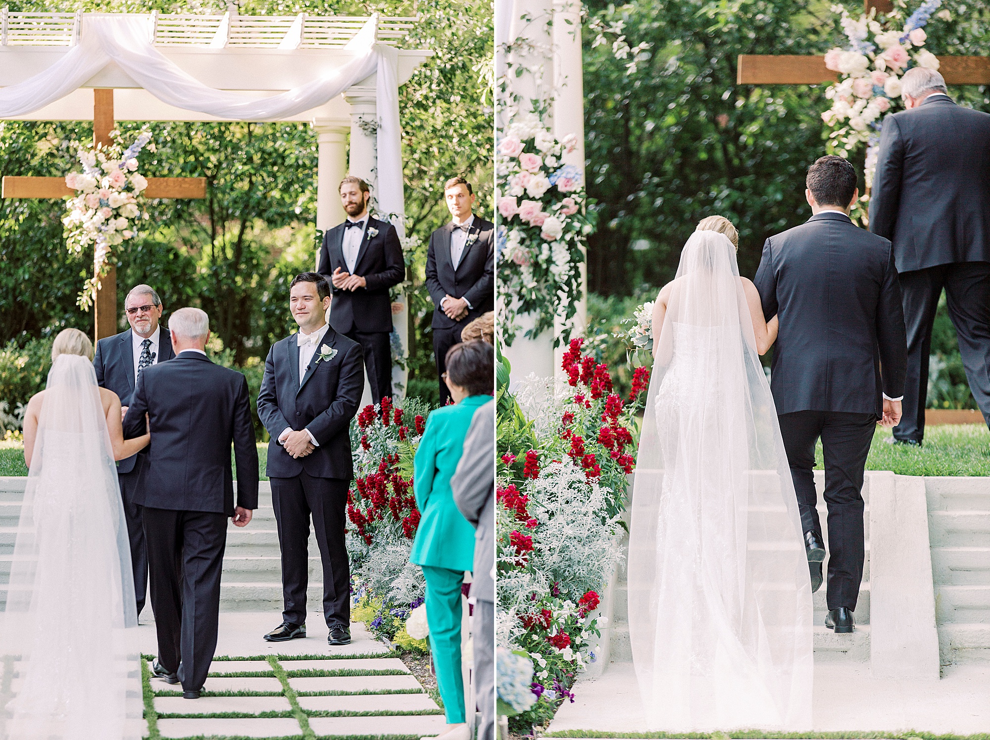 bride walks down aisle with dad during outdoor wedding ceremony at Separk Mansion