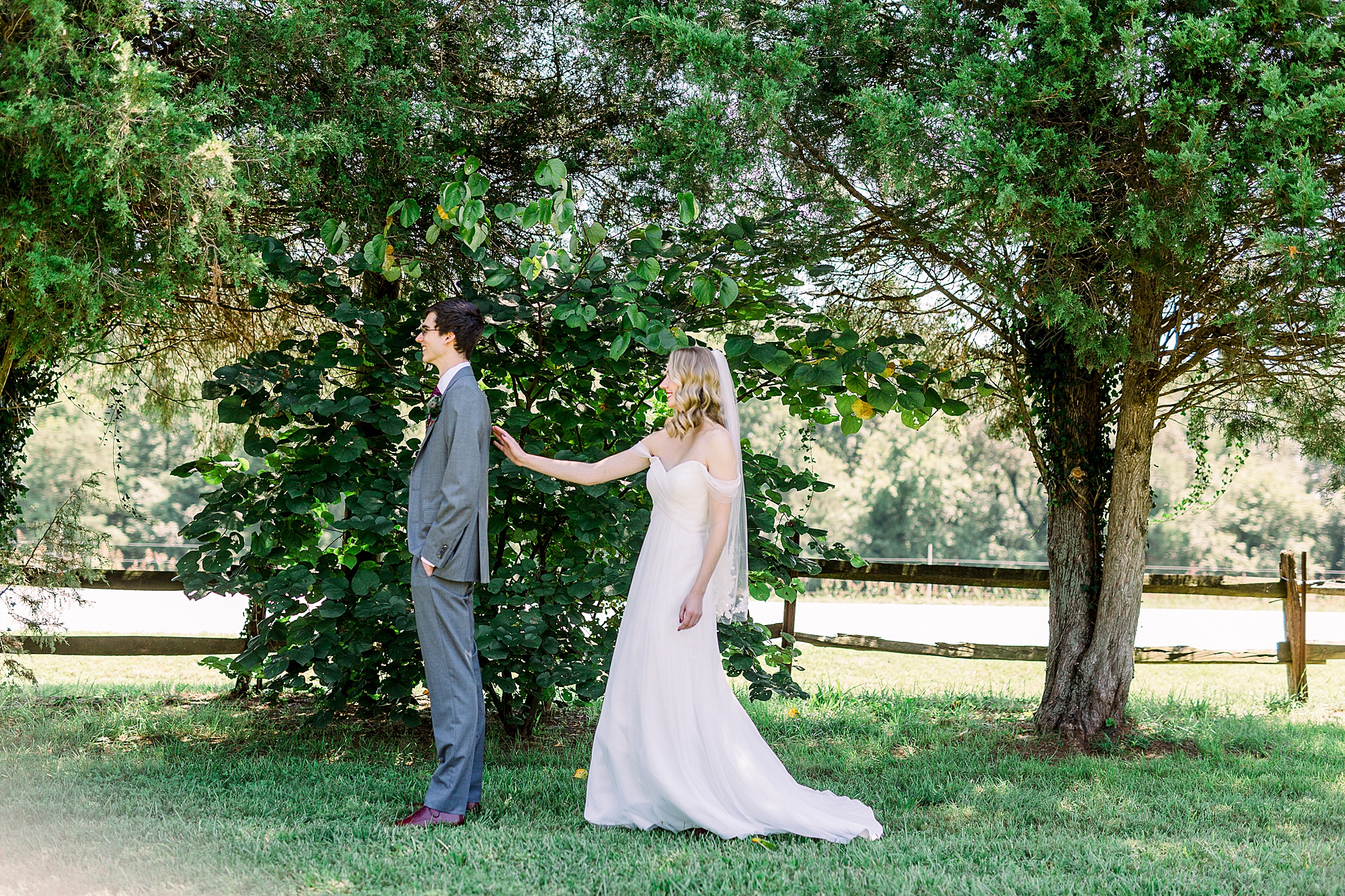 bride approaches groom for first look in Harmony NC