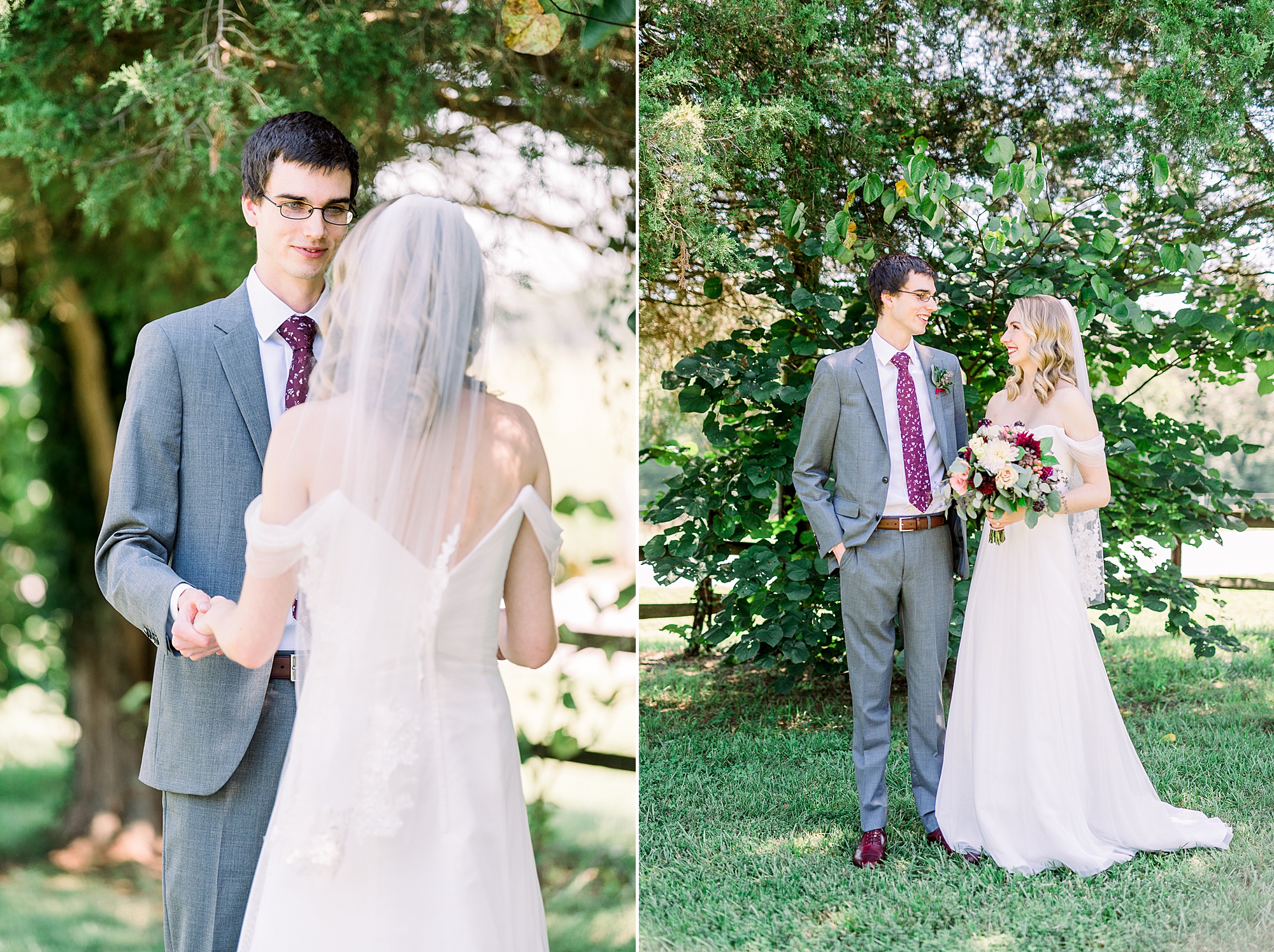 bride and groom's first look at 1812 Hitching Post