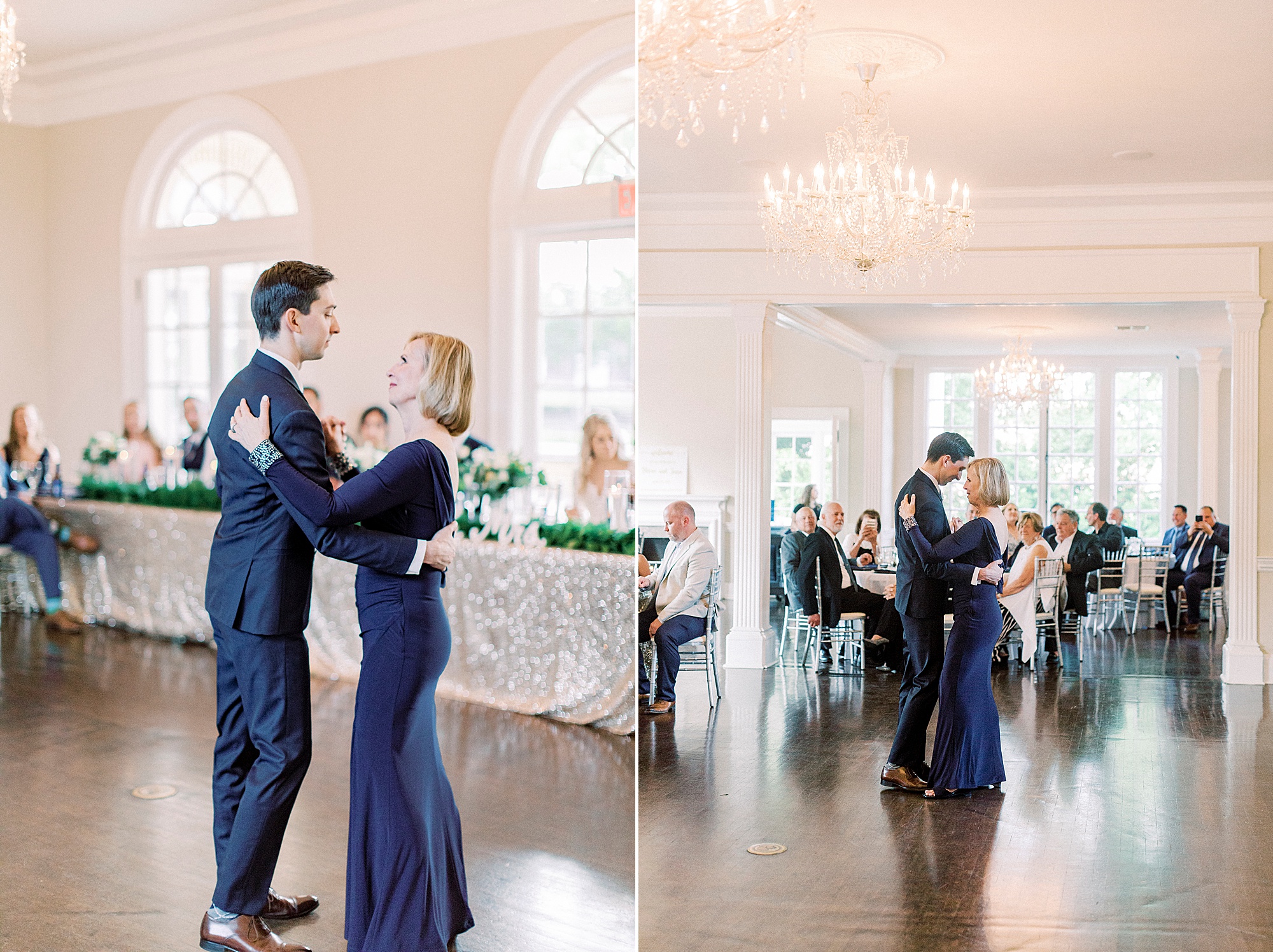 groom and mom dance during wedding reception