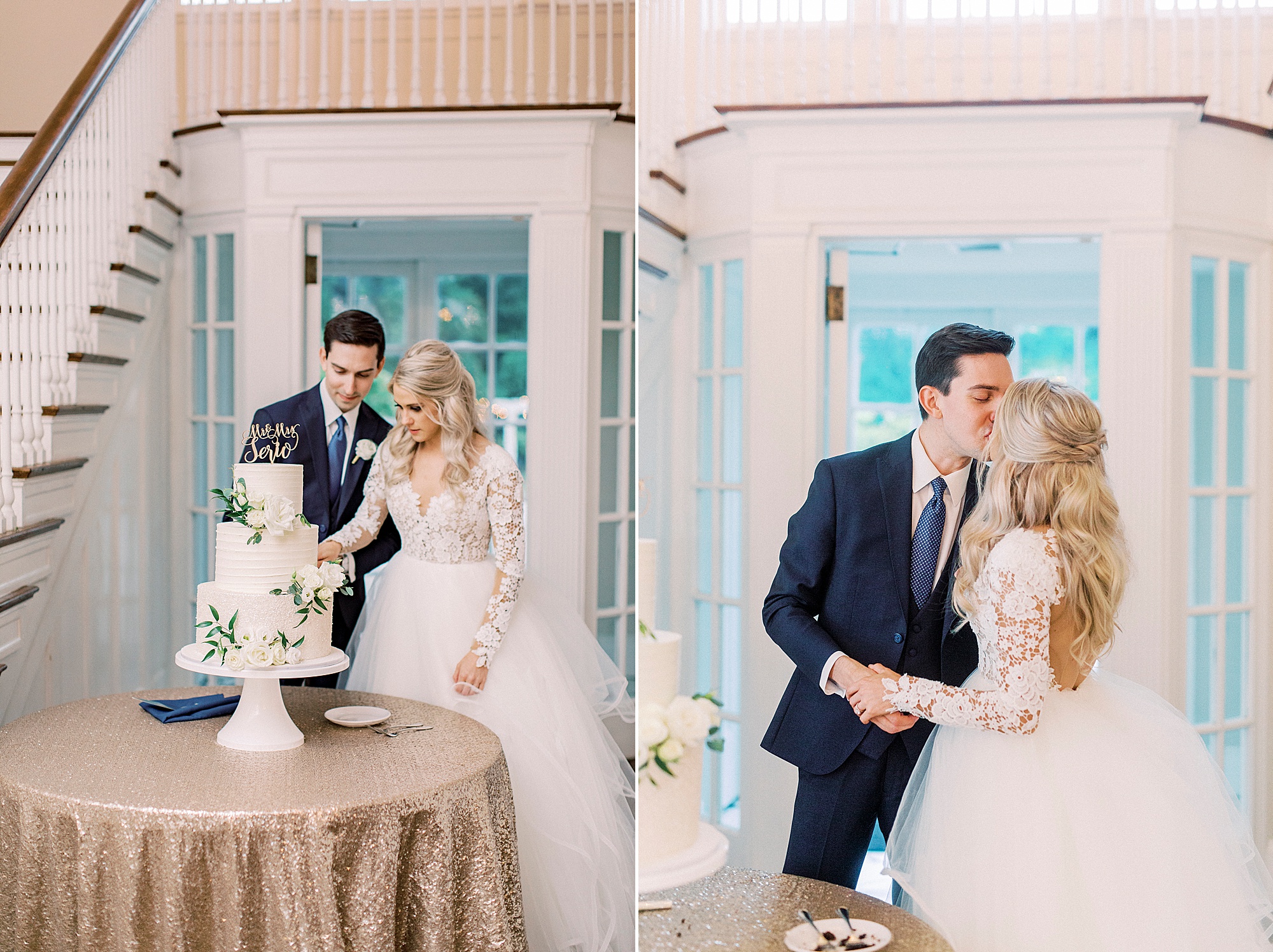 bride and groom kiss during cake cutting