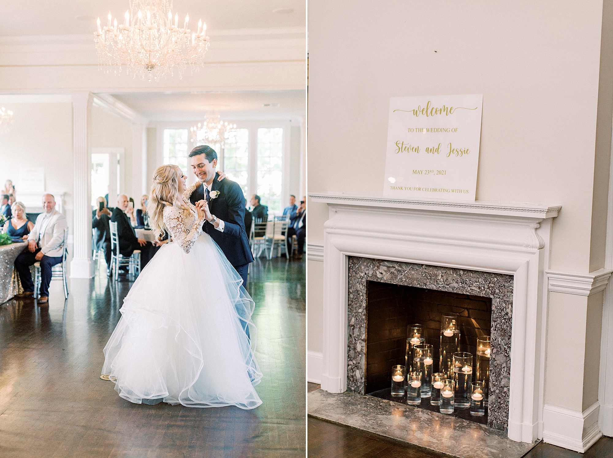 bride and groom dance by fireplace at Separk Mansion