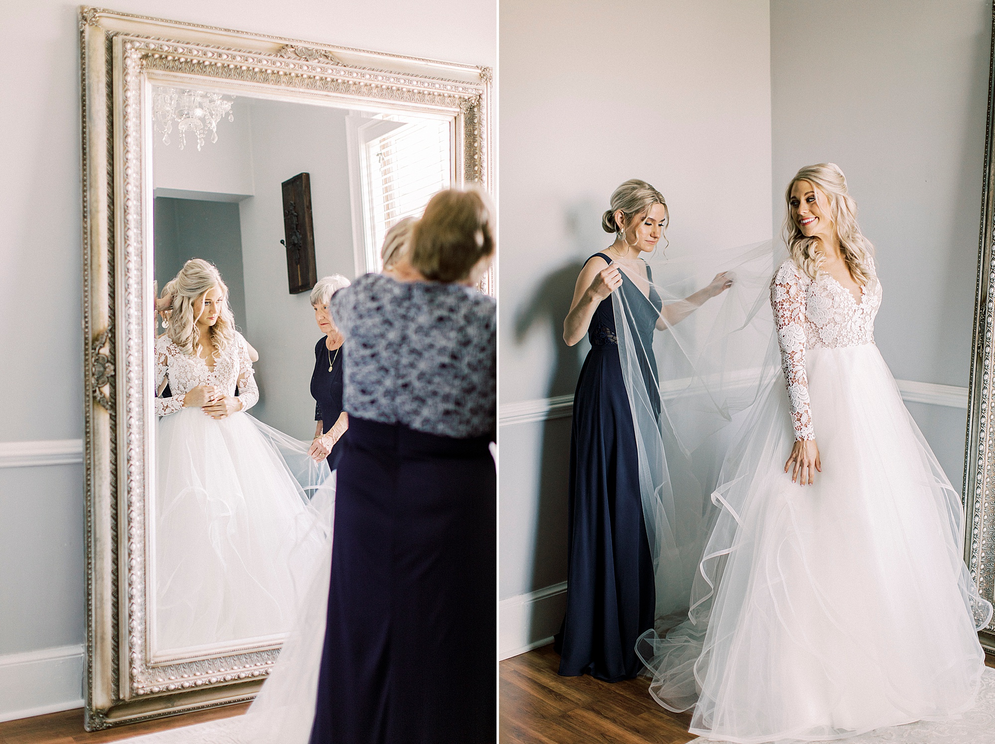 mother and bridesmaid help bride with Hayden Olivia bridal gown