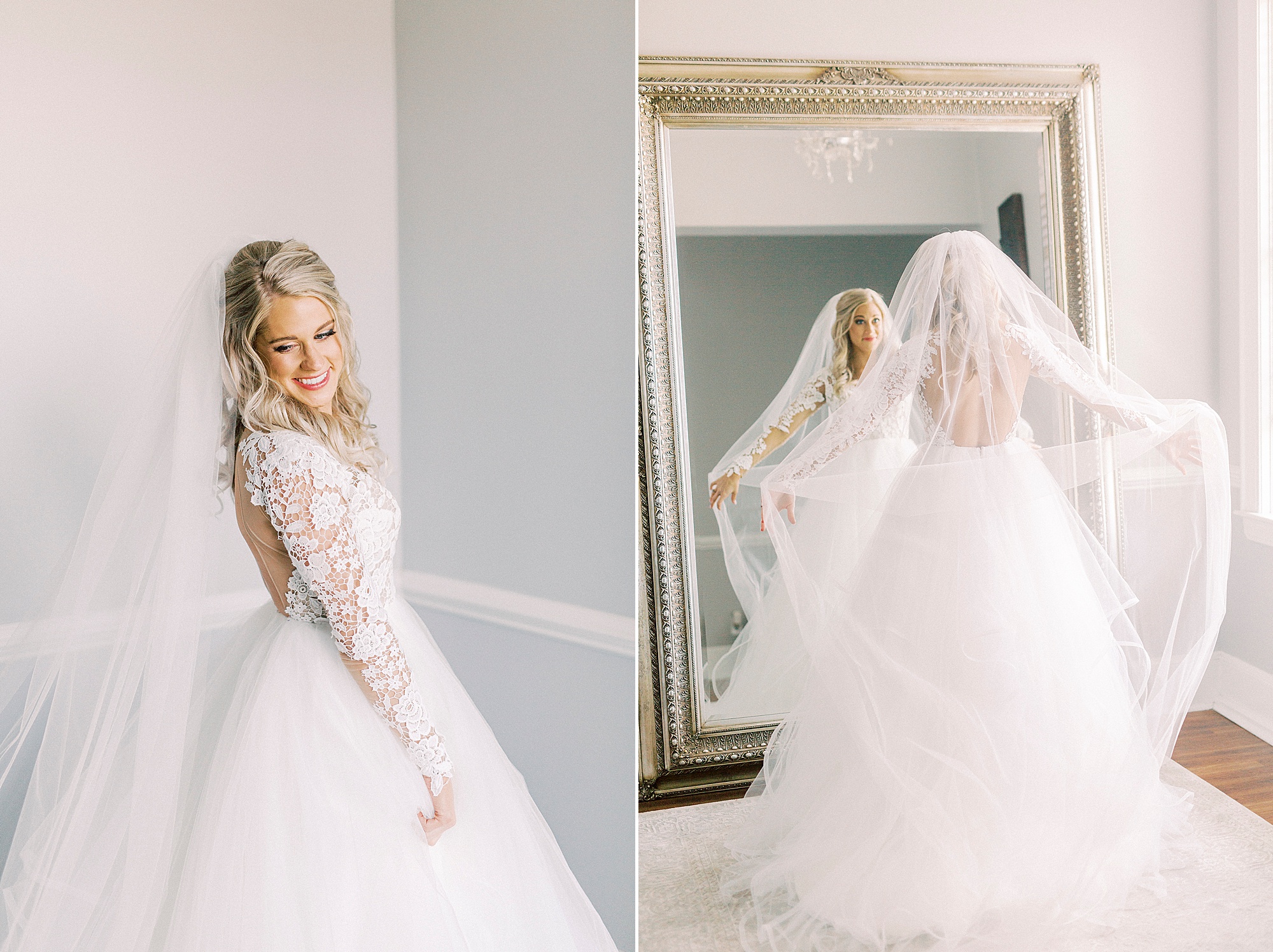 bride looks over shoulder of Hayden Olivia bridal gown