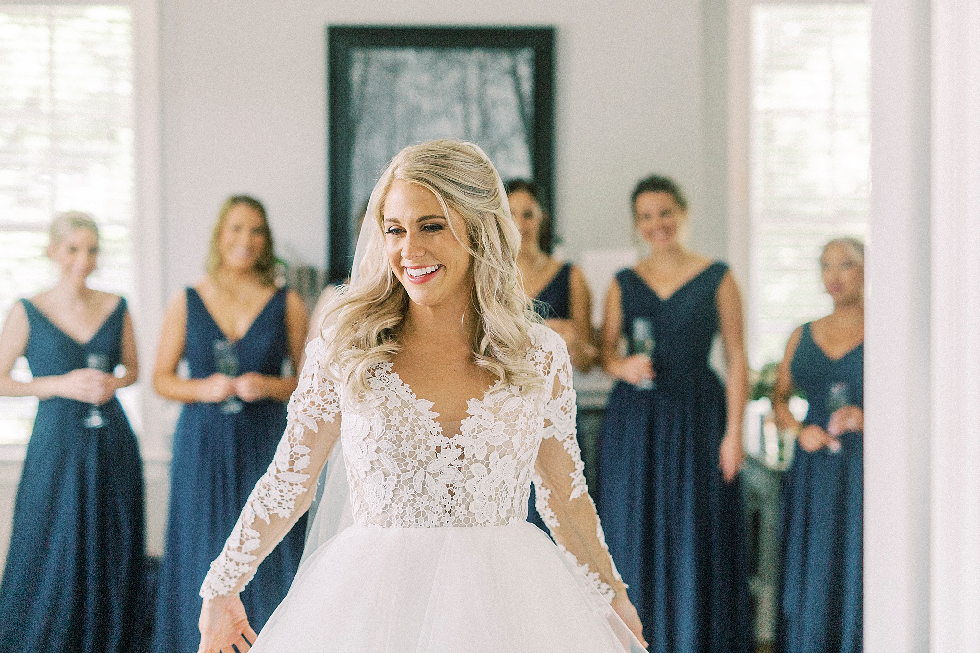 bride shoes Hayden Olivia bridal gown and veil to bridesmaids in navy blue gowns