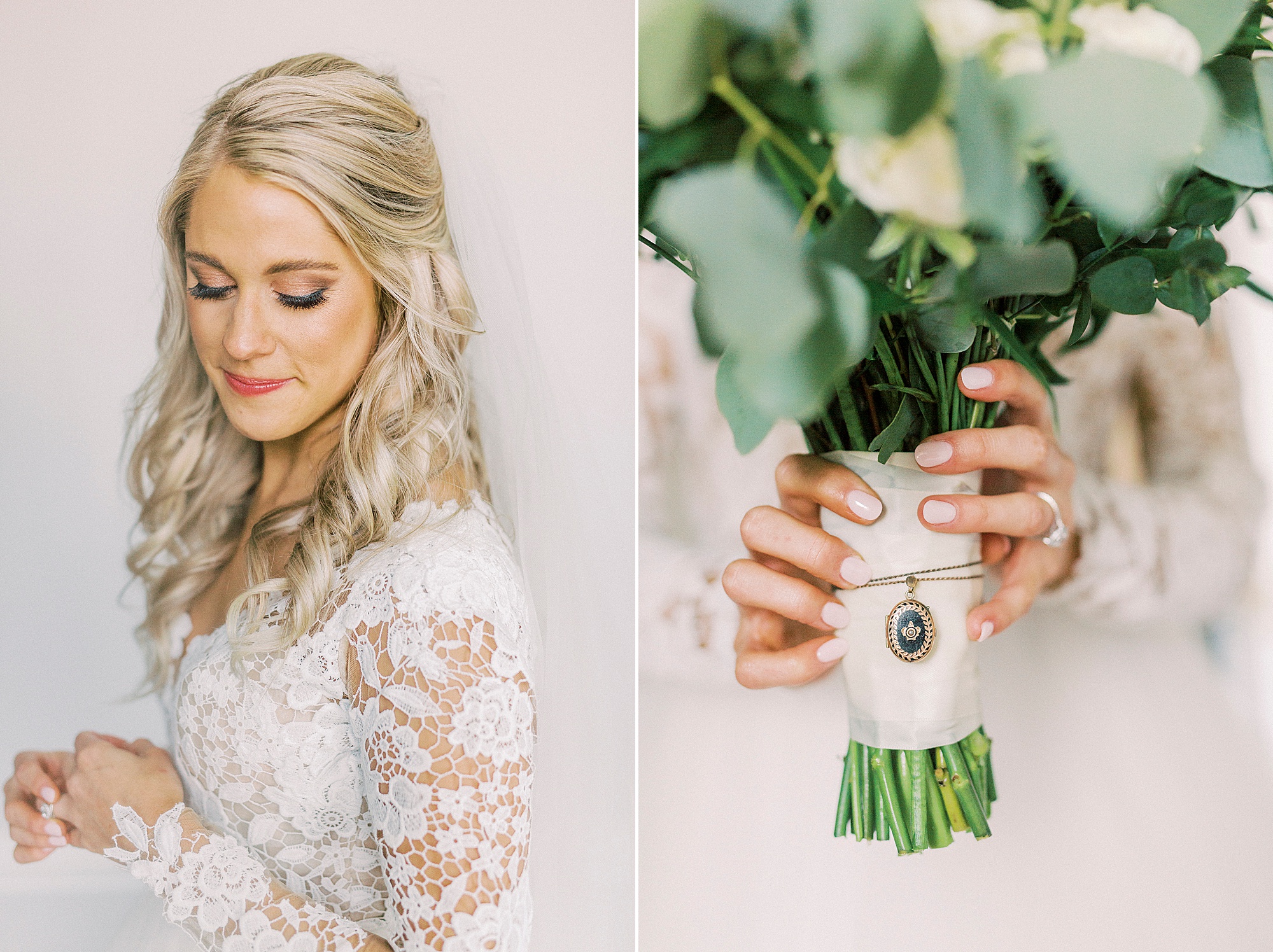 bride in hayden olivia bridal gown holds bouquet with clip