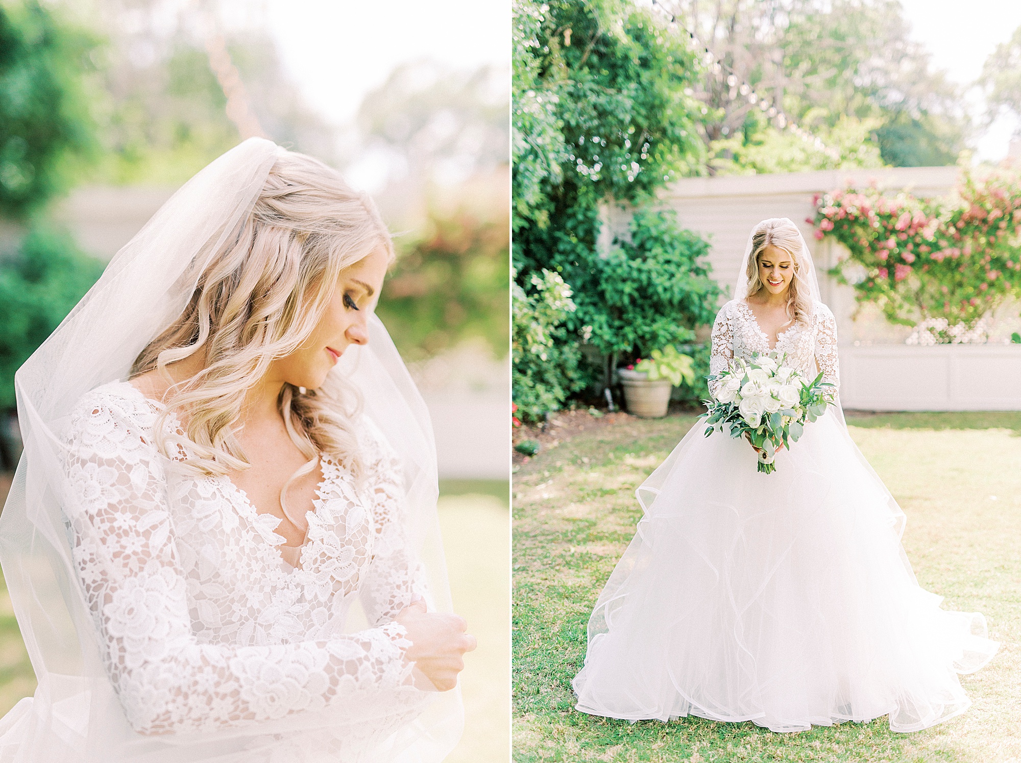 bride looks over shoulder at veil in hayden olivia bridal gown