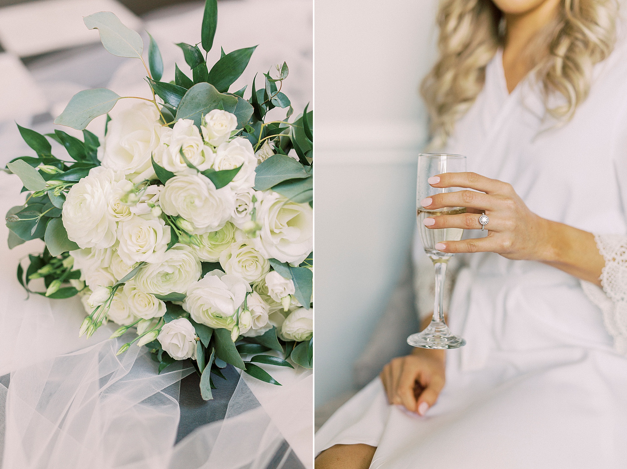 bride holds champagne during prep for Separk Mansion wedding day