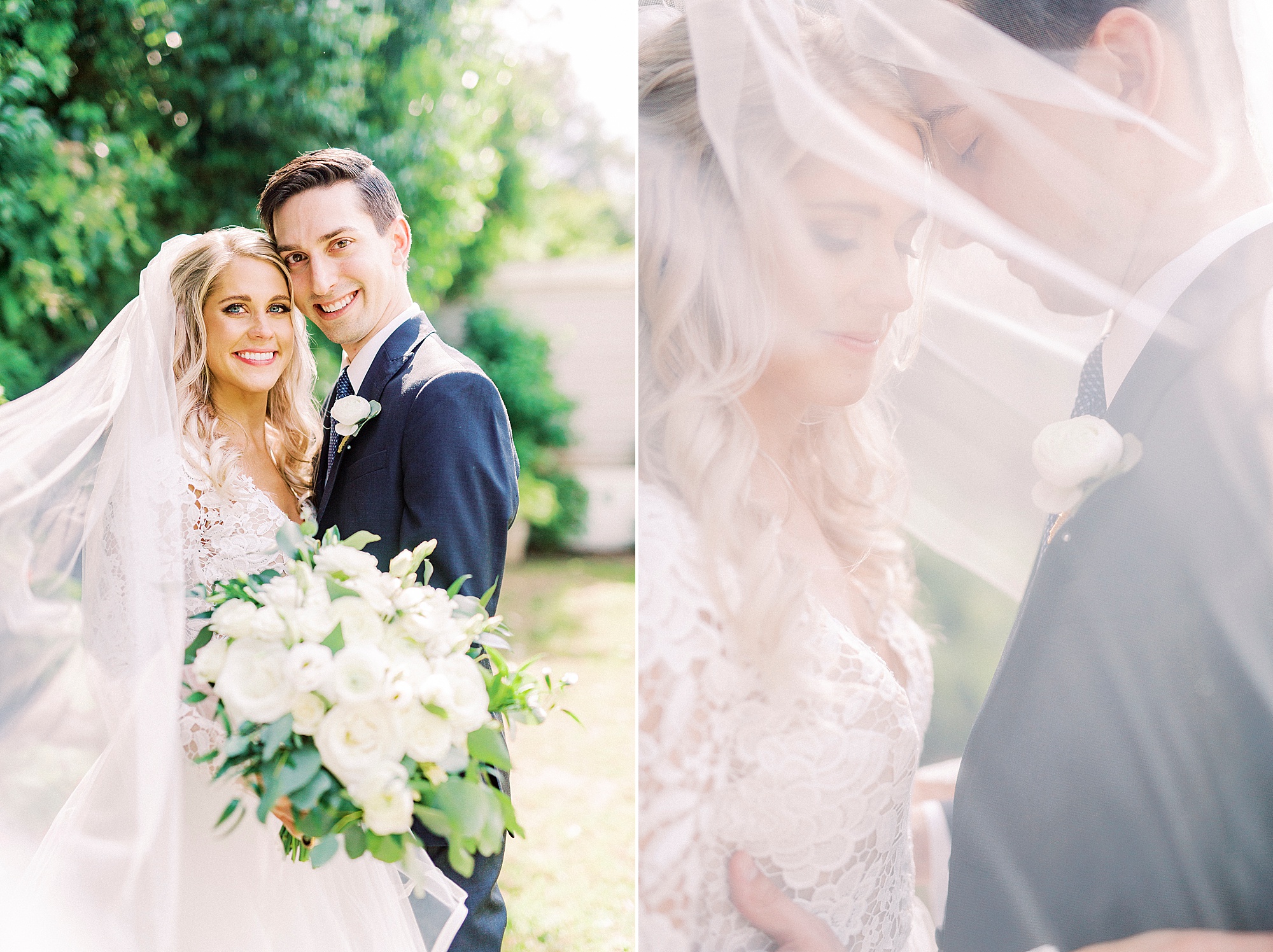 Charlotte NC couple hugs in gardens of Separk Mansion under bride's veil