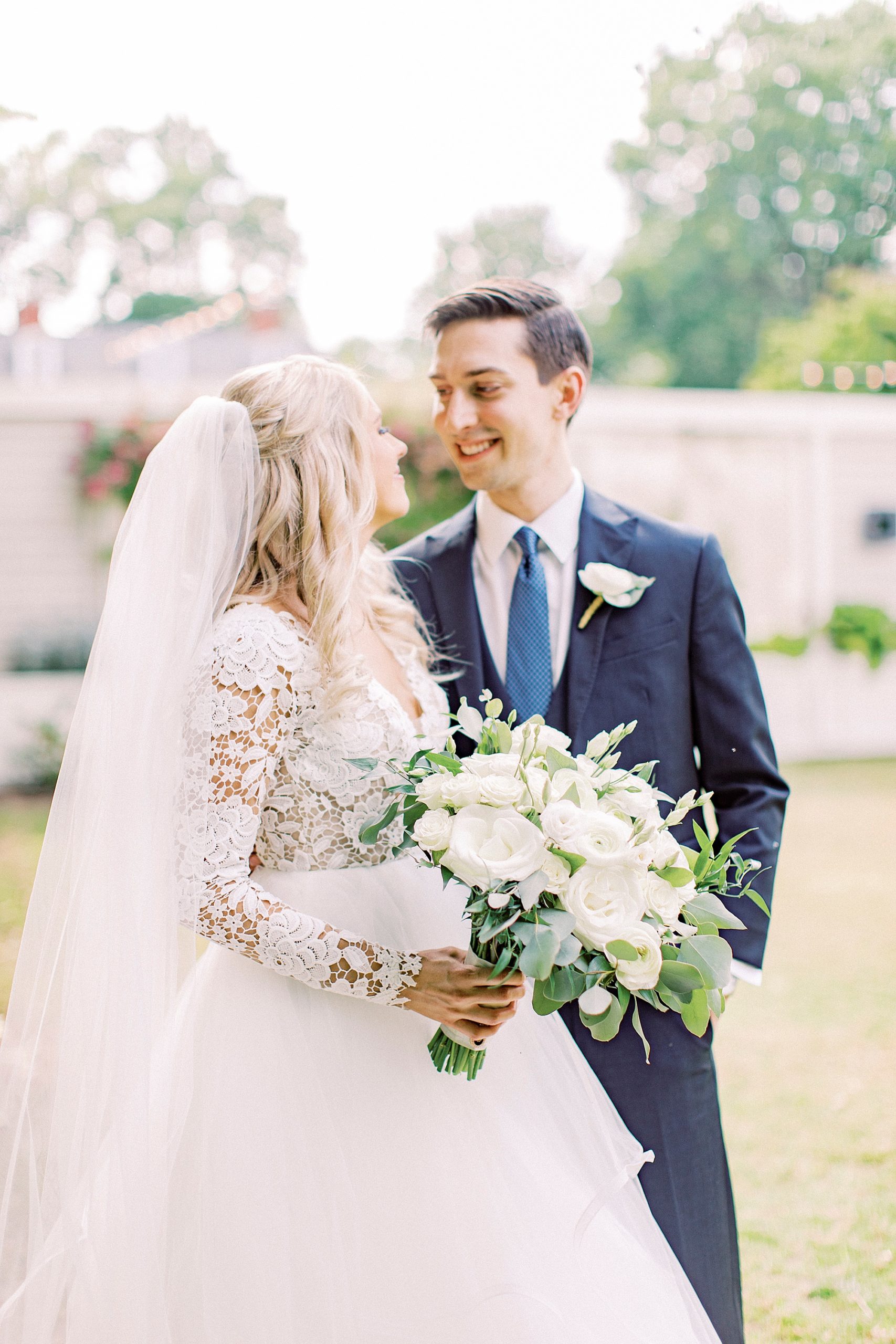 bride and groom hug in garden at Separk Mansion