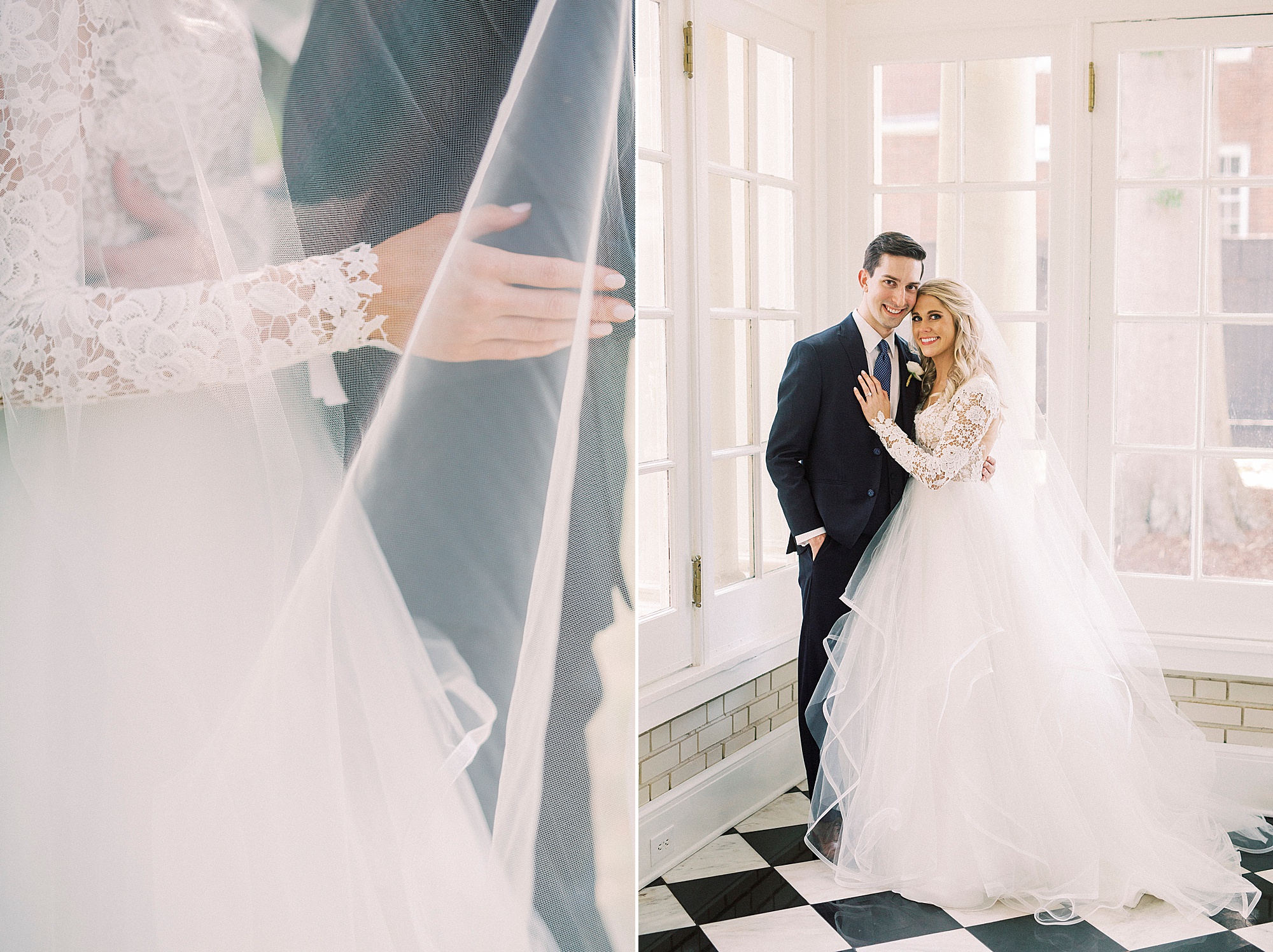 newlyweds hug in black and white room of Separk Mansion