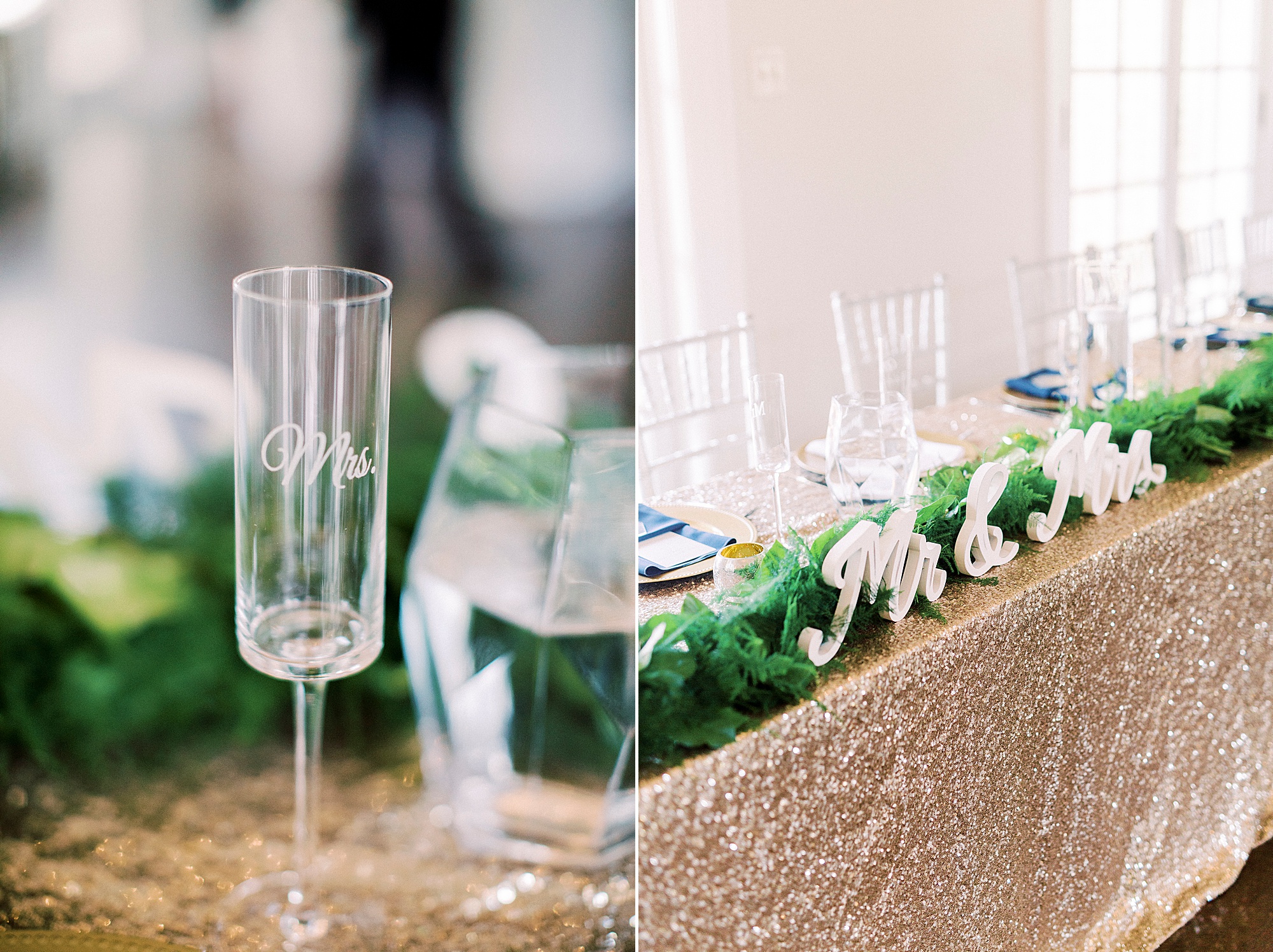 head table with rose gold table cloth