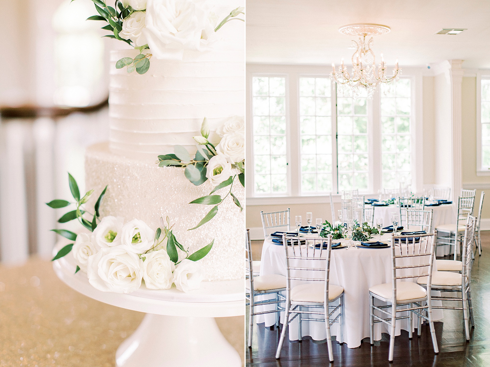 wedding reception with white table cloth and tiered wedding cake