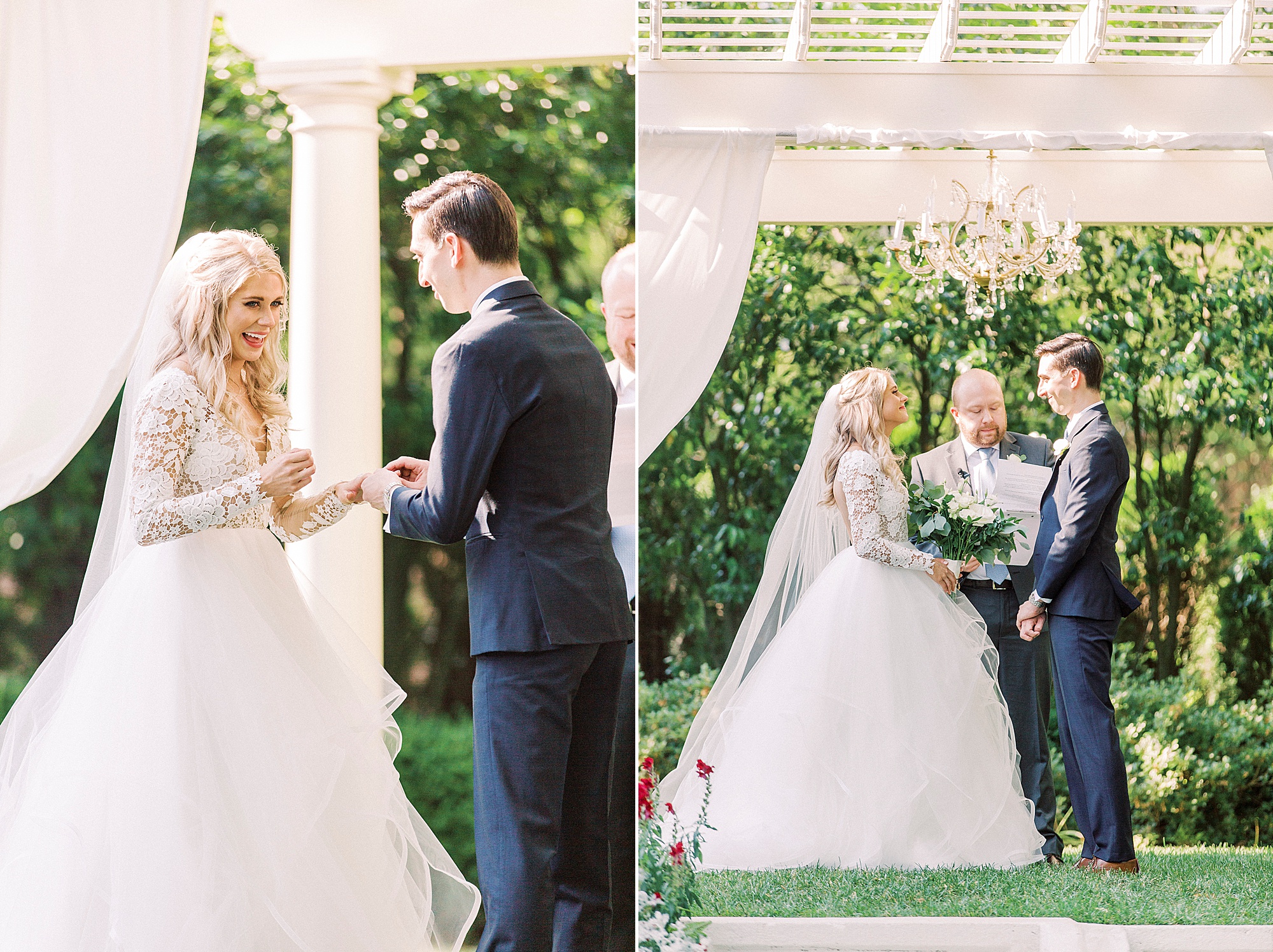 bride and groom exchange vows during garden wedding ceremony at Separk Mansion