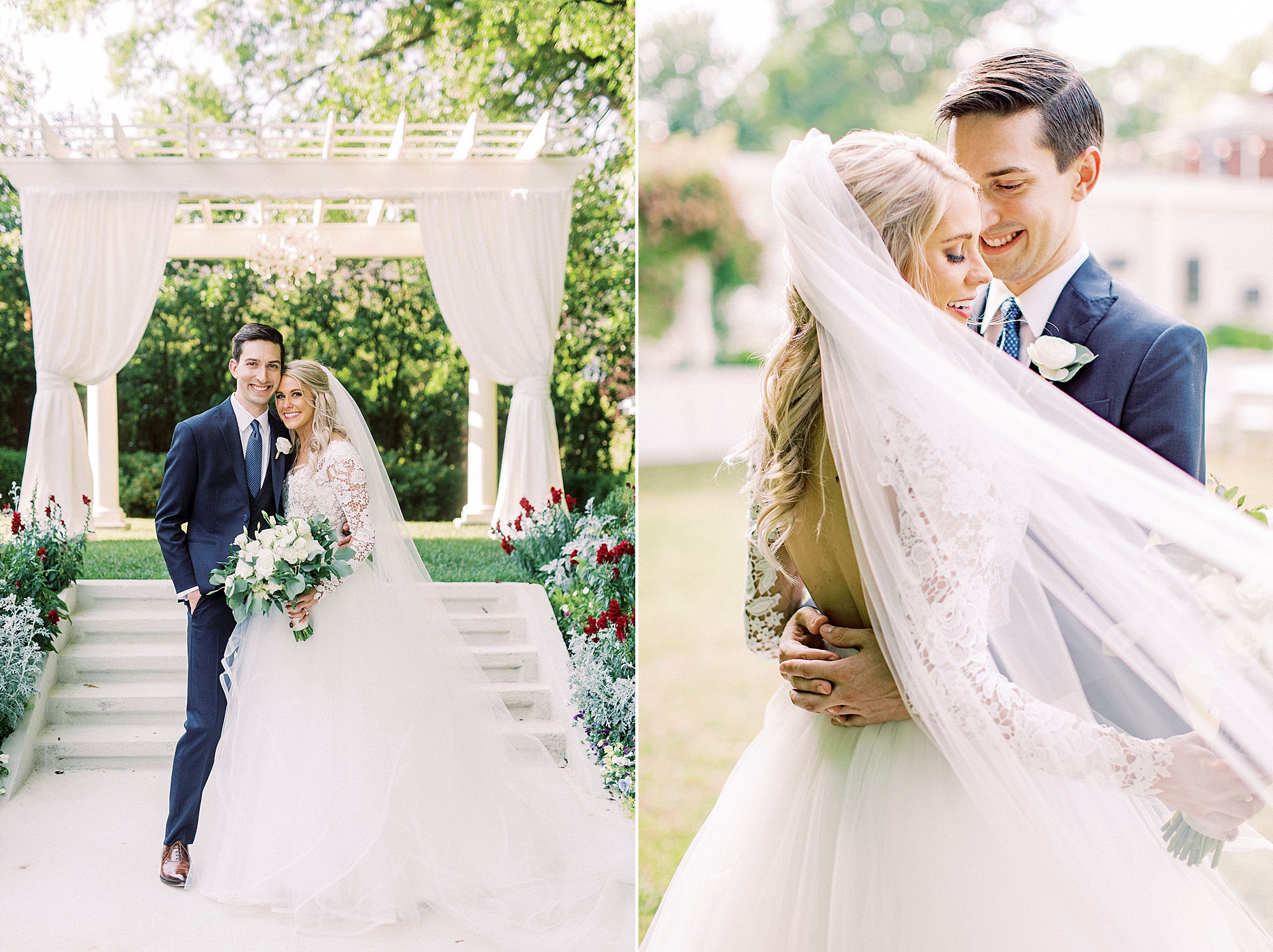 bride and groom pose by arbor at Separk Mansion