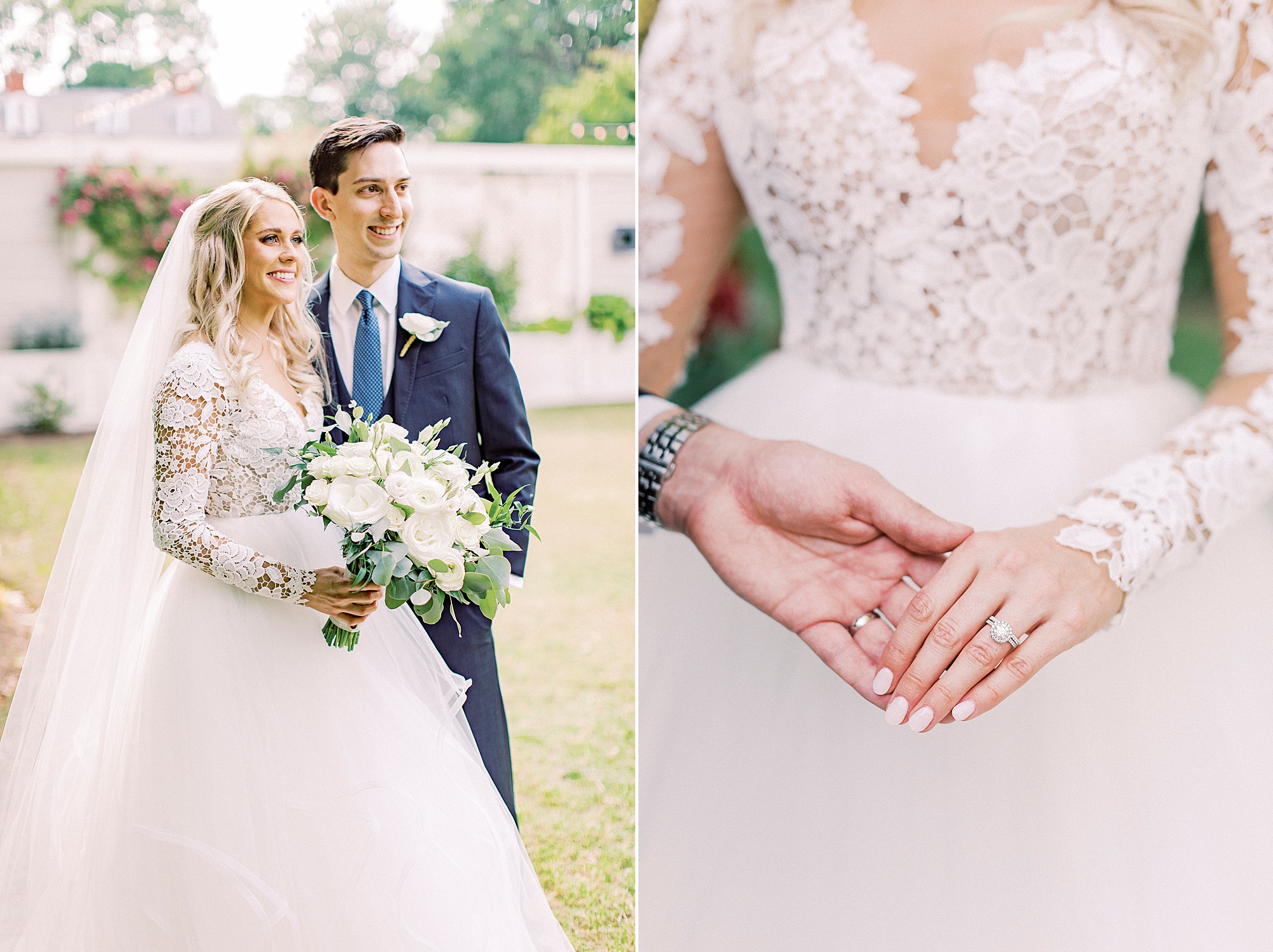 newlyweds pose in garden during NC wedding photos