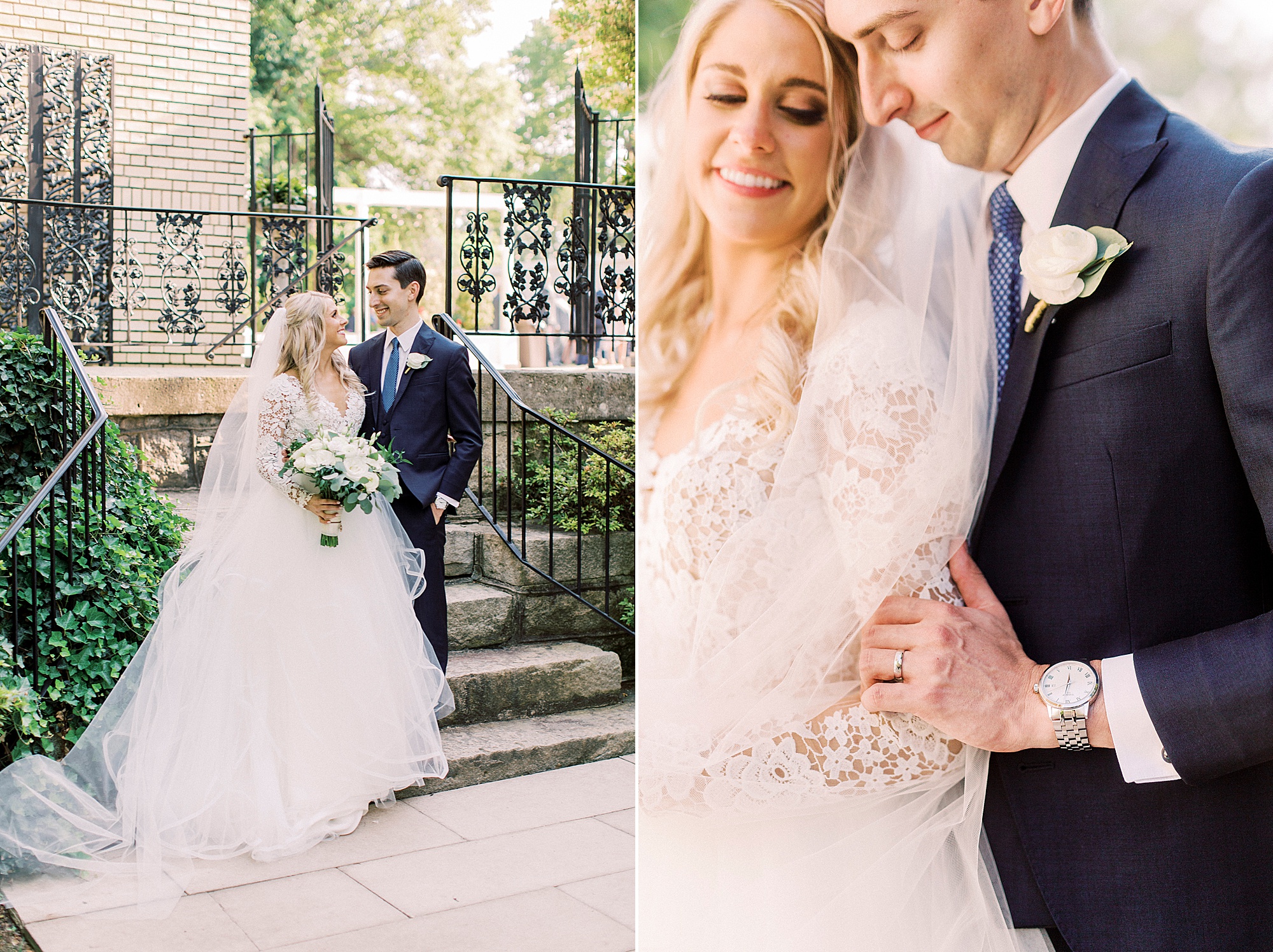 bride and groom pose by steps at Separk Mansion