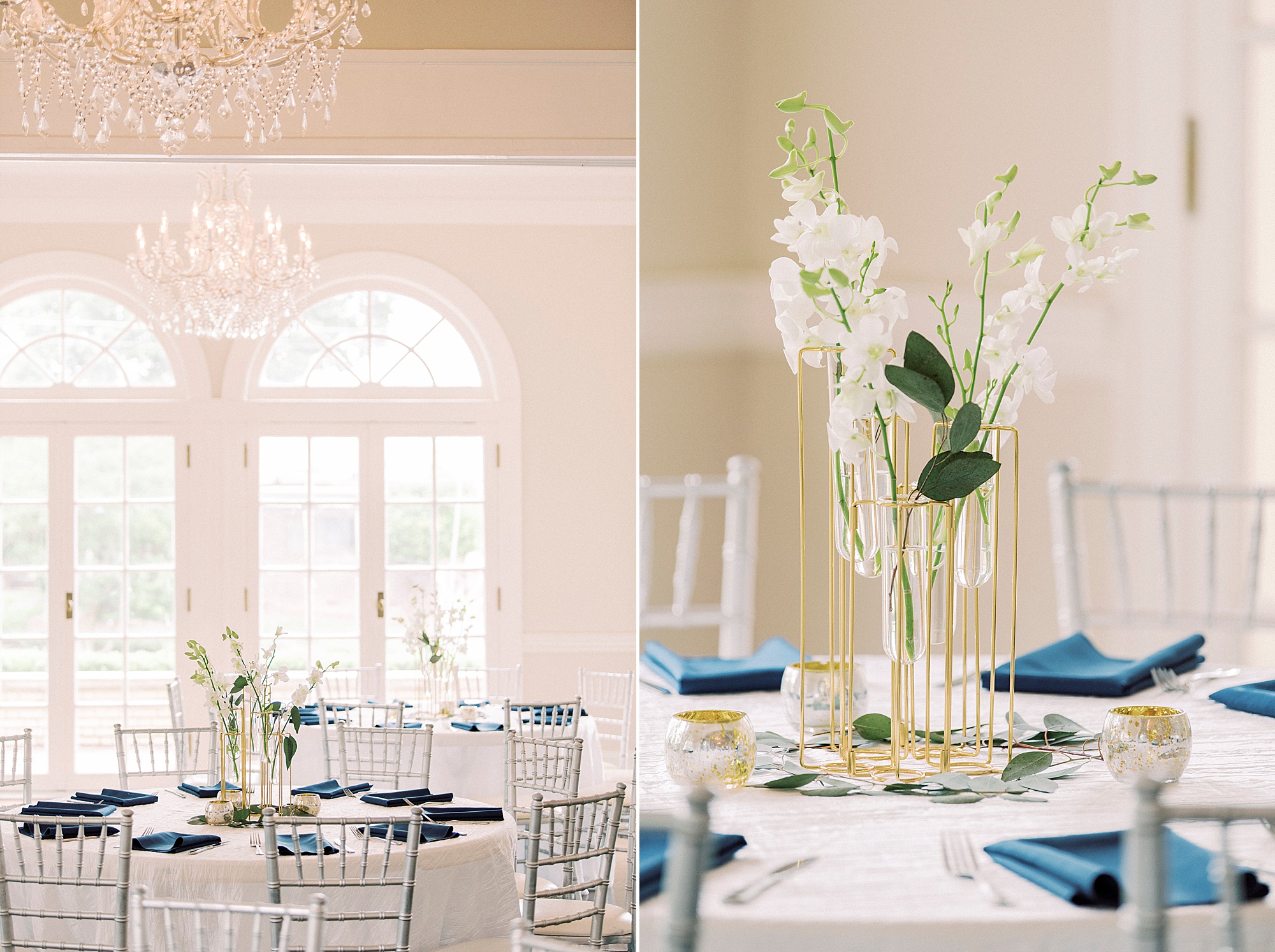 Charlotte NC wedding reception with navy and silver details