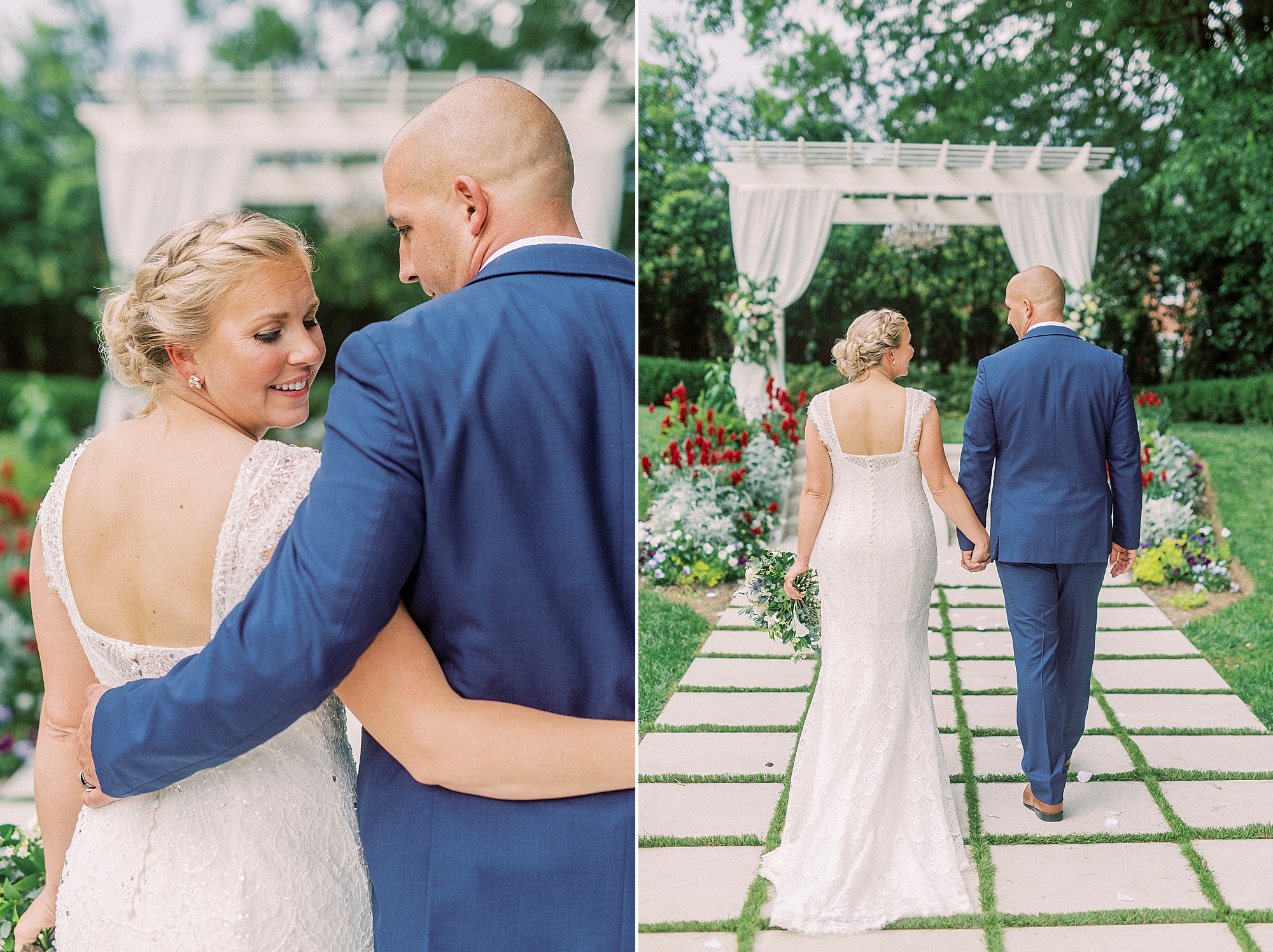 bride and groom pose by arbor at Separk Mansion