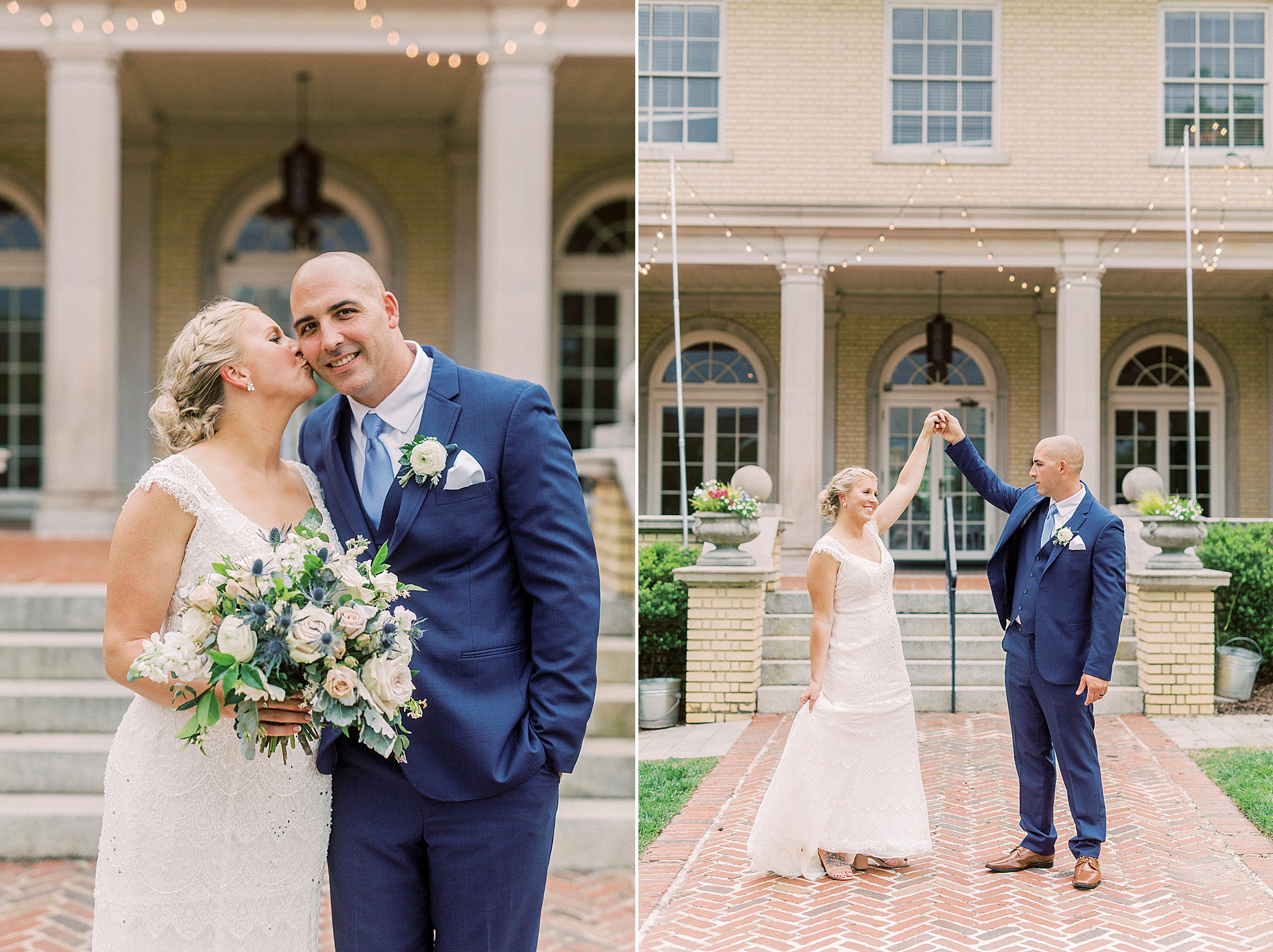 groom twirls bride during NC wedding photos at Separk Mansion