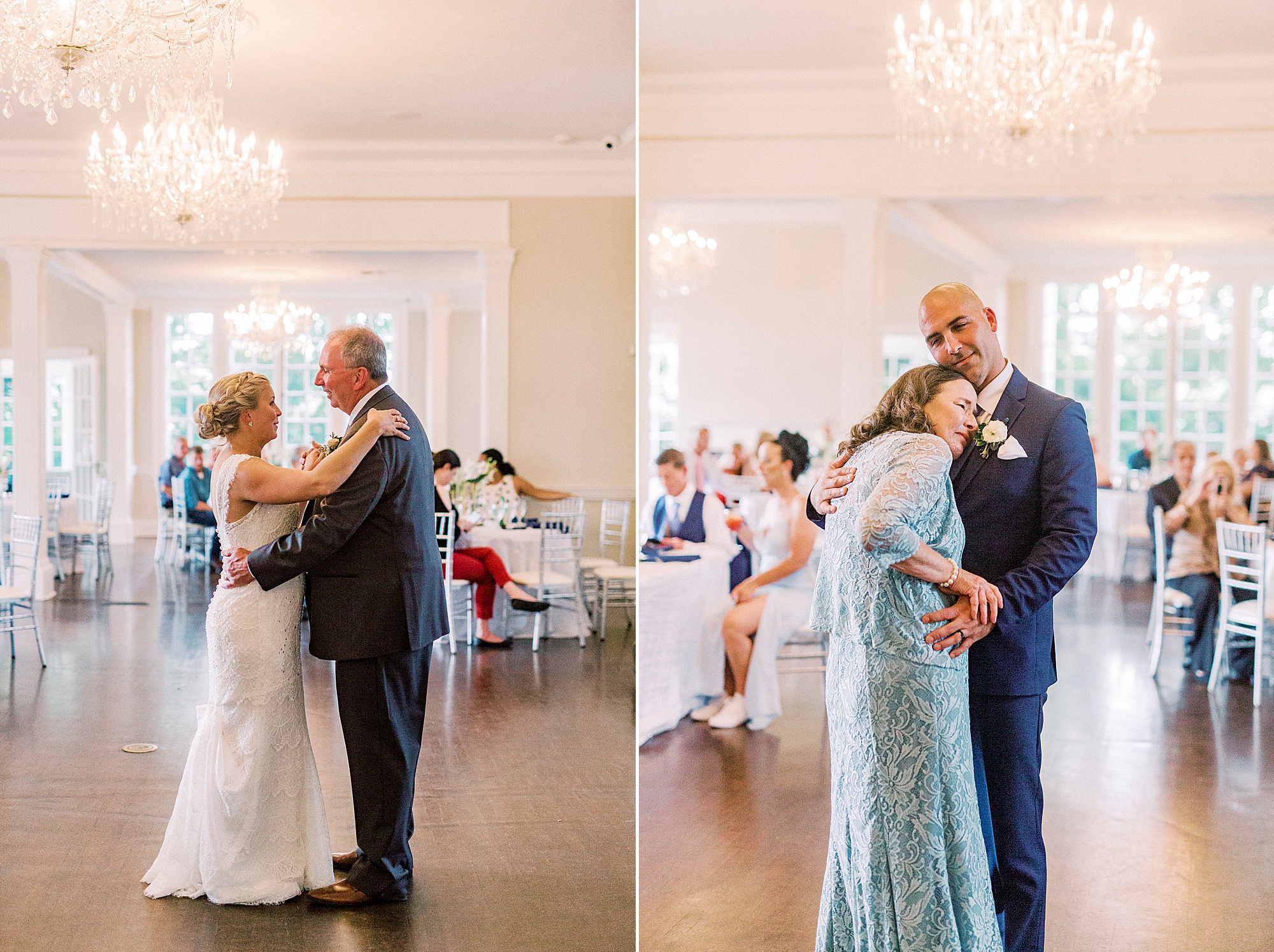 bride and groom dance with parents during NC wedding reception