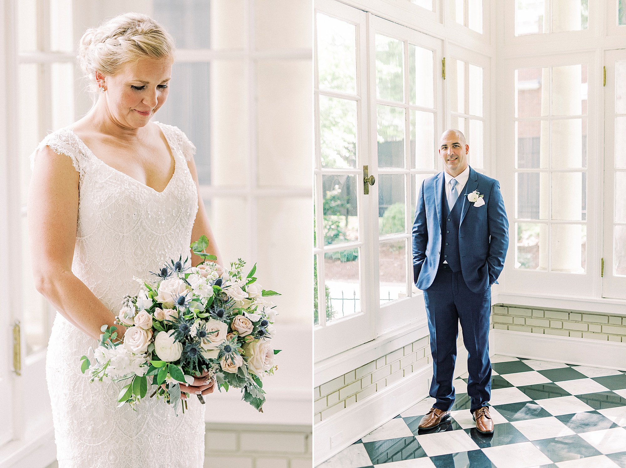bride and groom pose in patio space in Charlotte NC