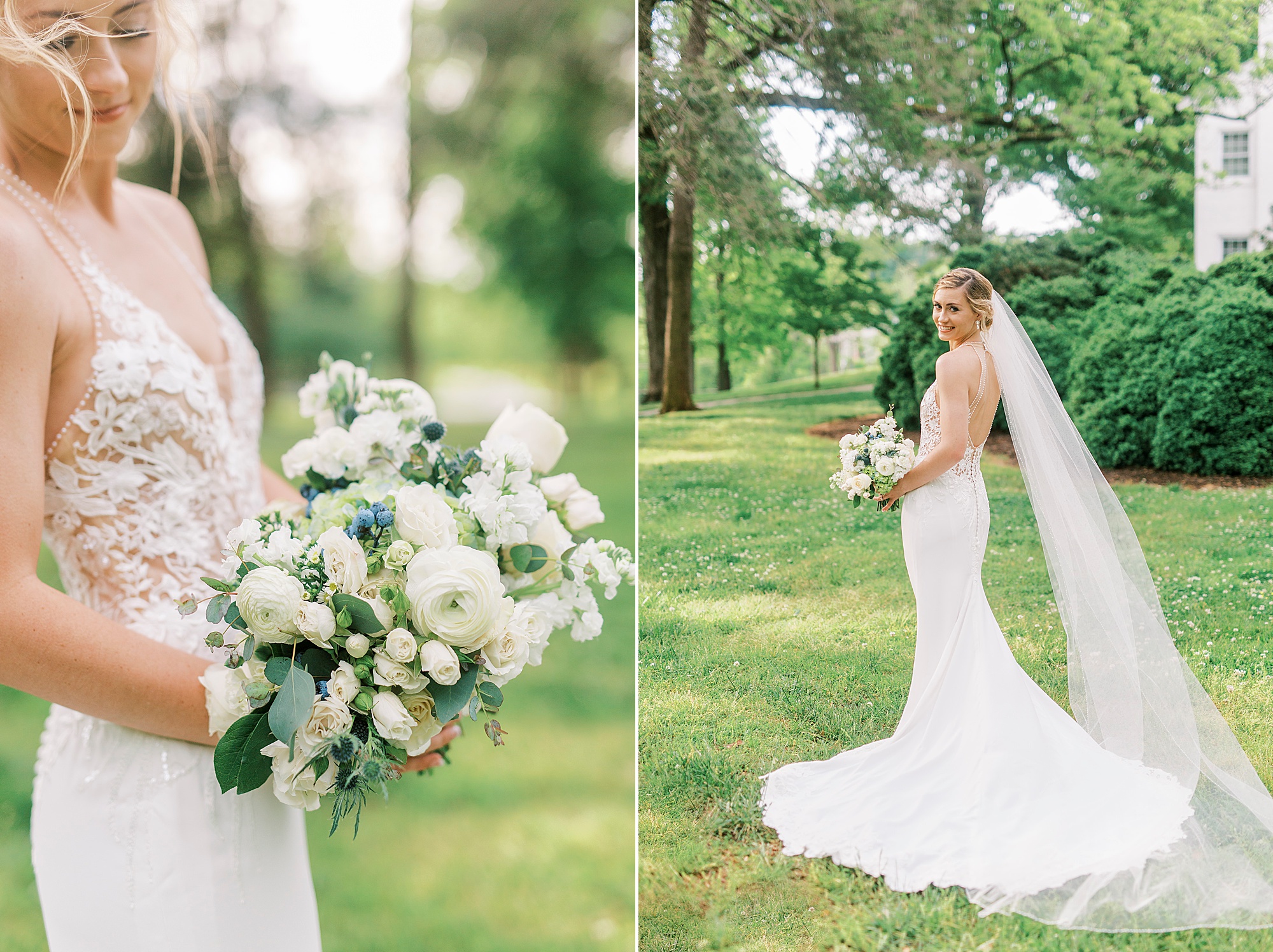 bride olds bouquet of white flowers with veil behind her