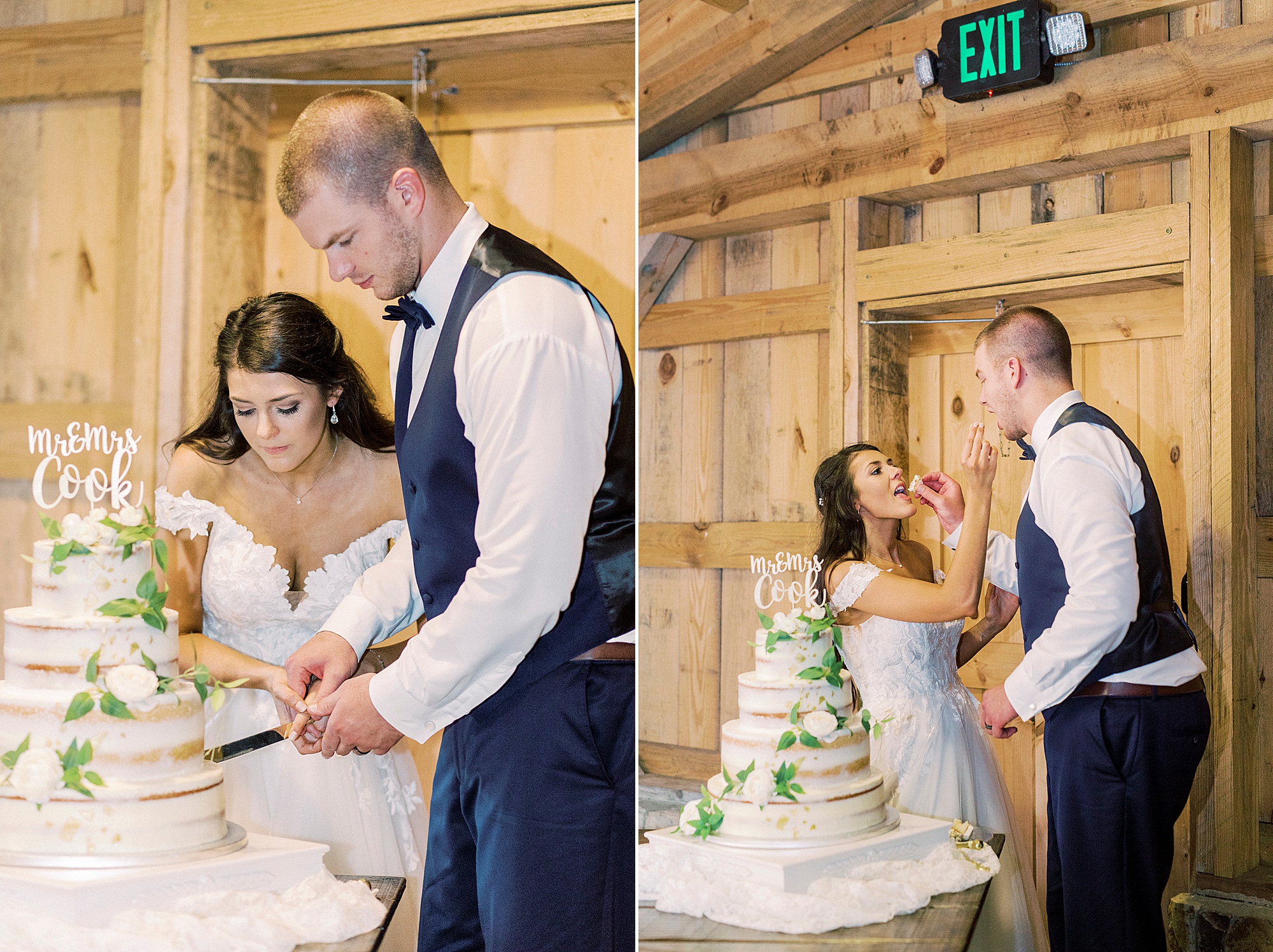 bride and groom cut wedding cake during NC wedding reception