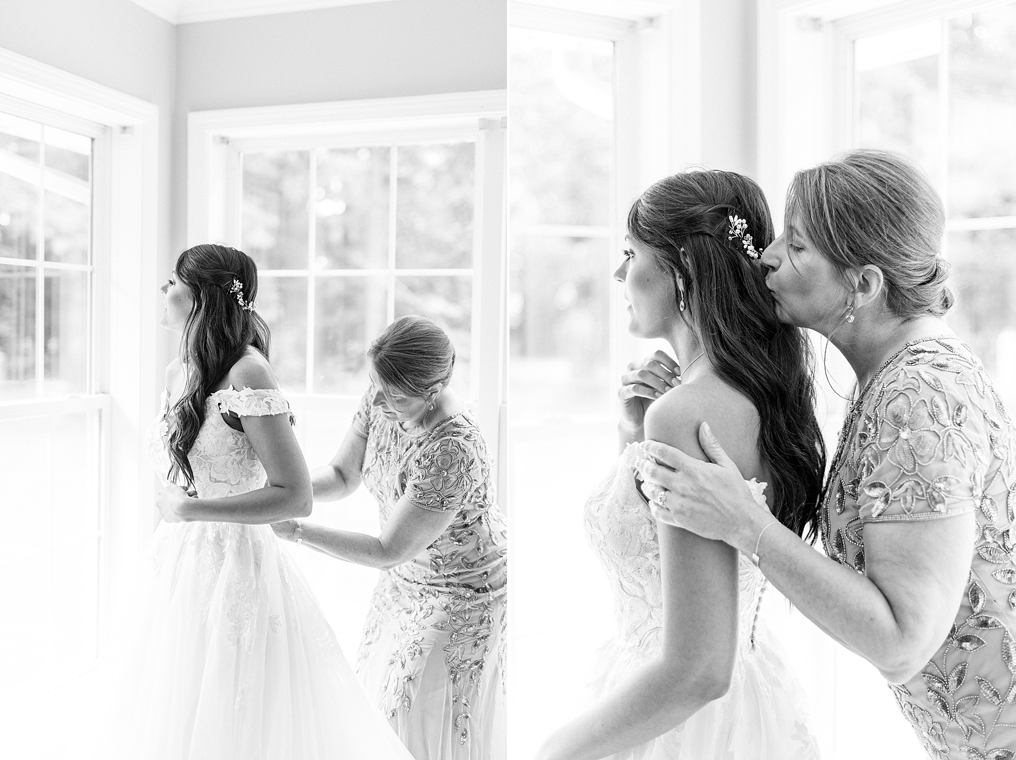 mom gives daughter kiss during prep at The Farmstead