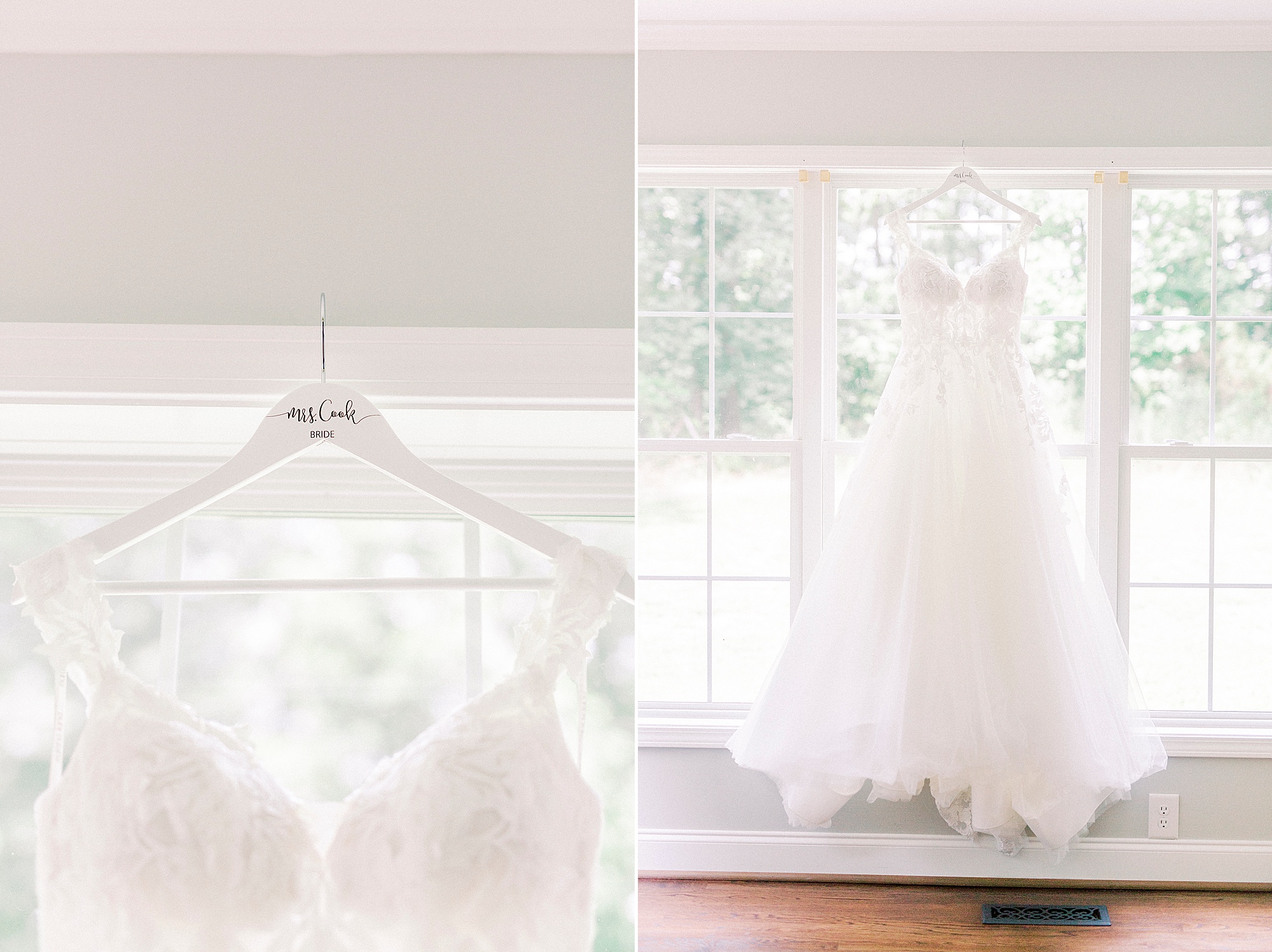 wedding dress hangs in window at The Farmstead