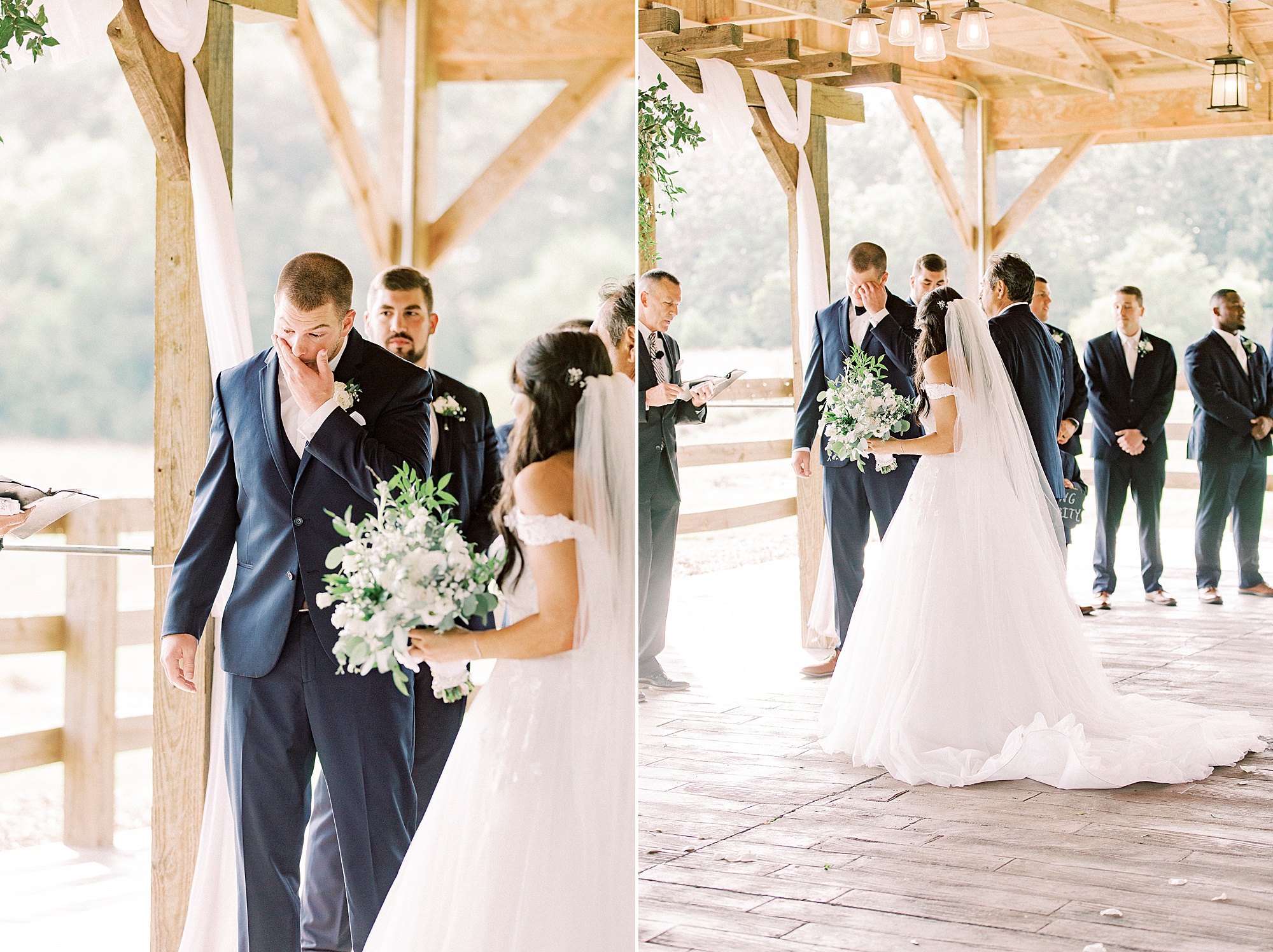 groom cries during rustic wedding ceremony by wooden cross at The Farmstead