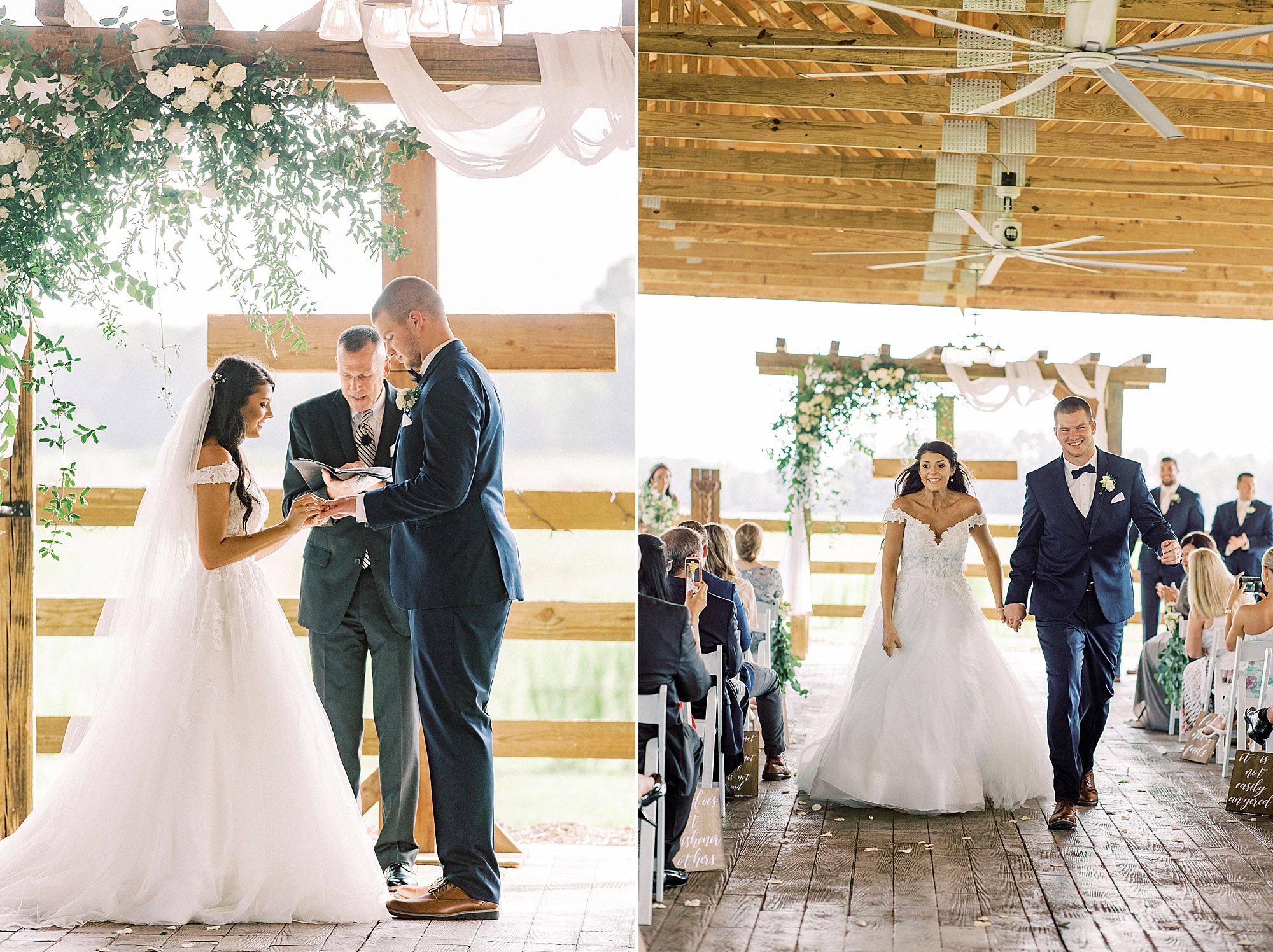 bride and groom walk up aisle after wedding ceremony