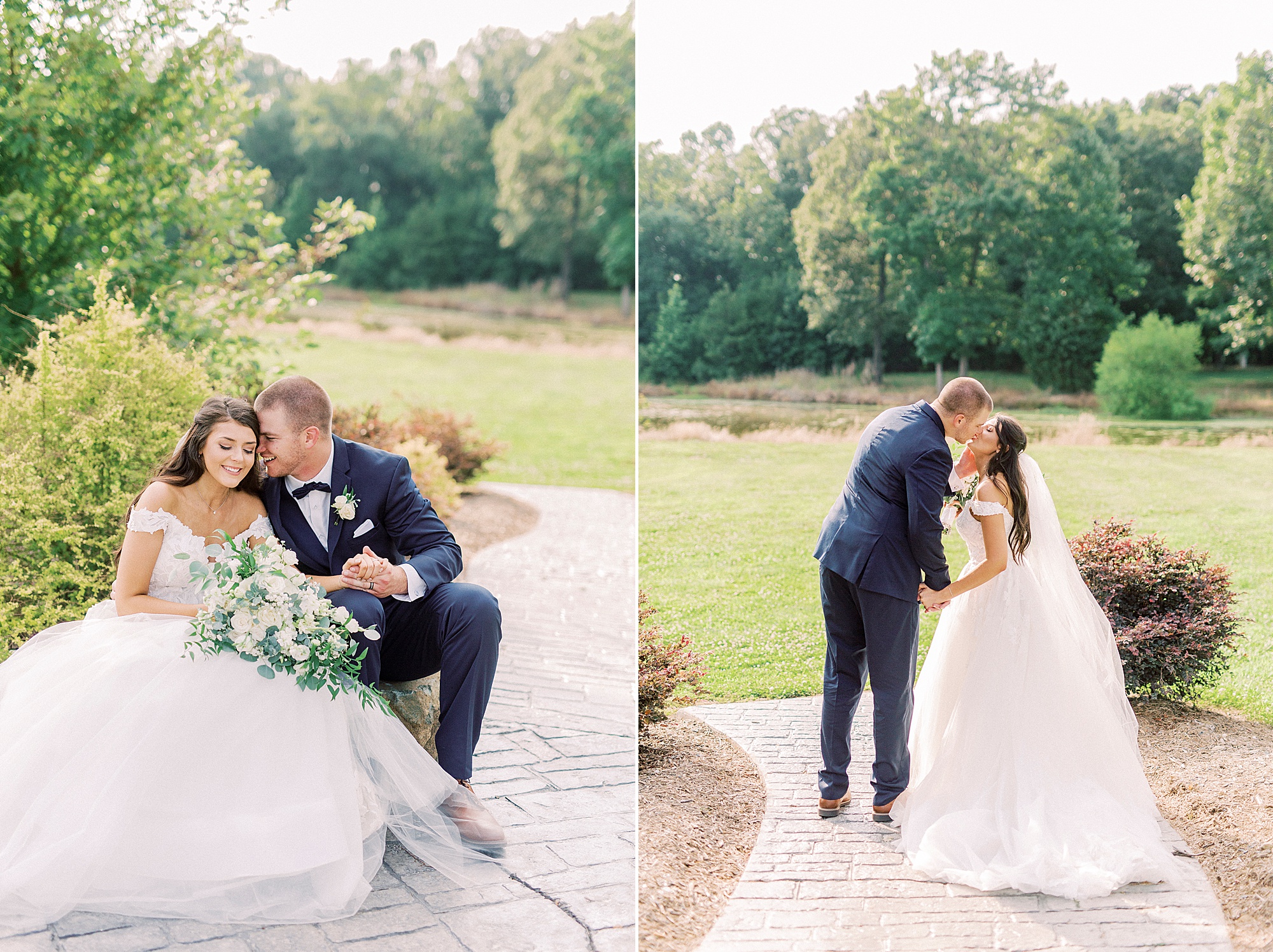 newlyweds pose on patio at The Farmstead