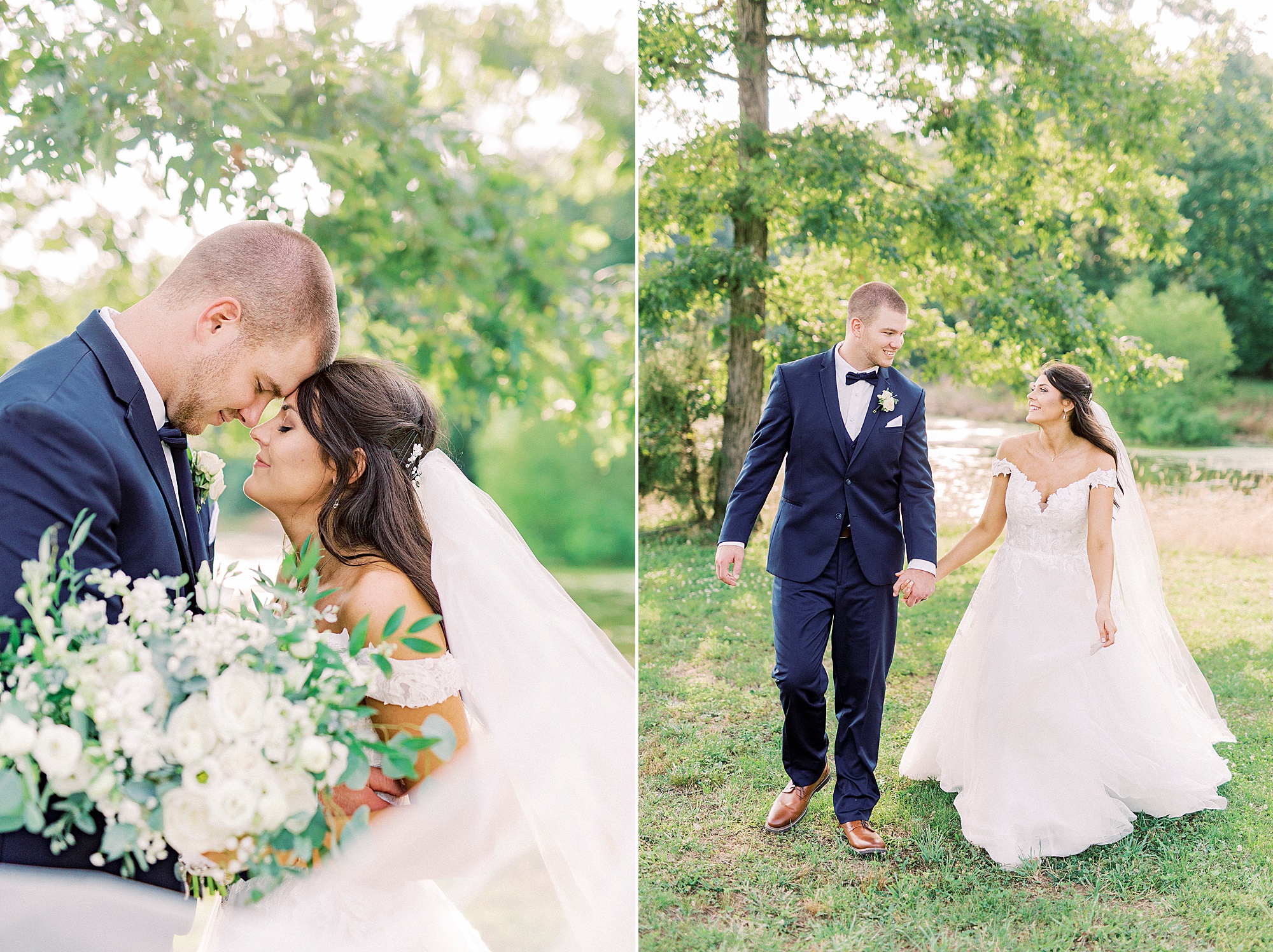 newlyweds walk through The Farmstead